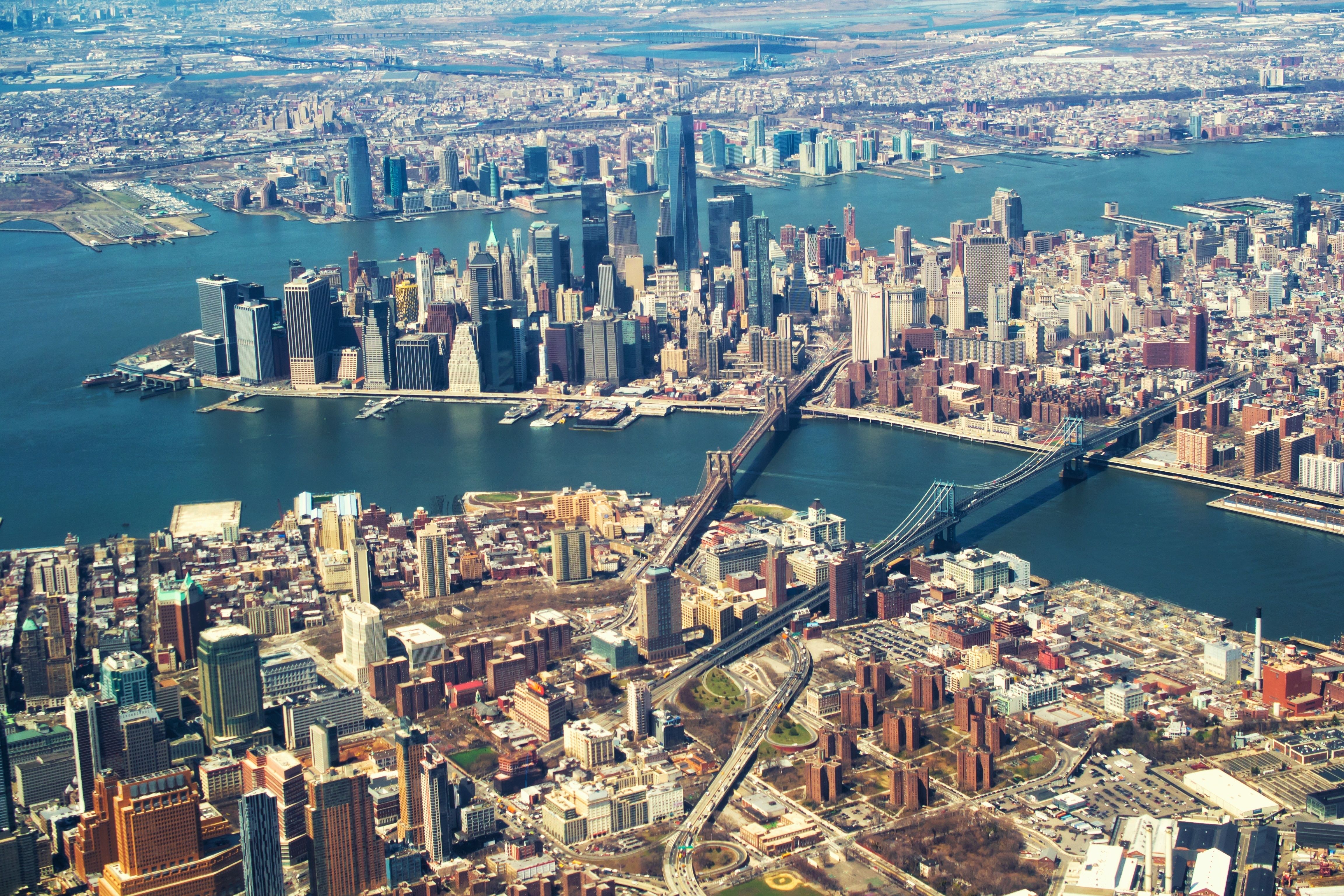 An aerial view of the Manhattan and Brooklyn Bridges.