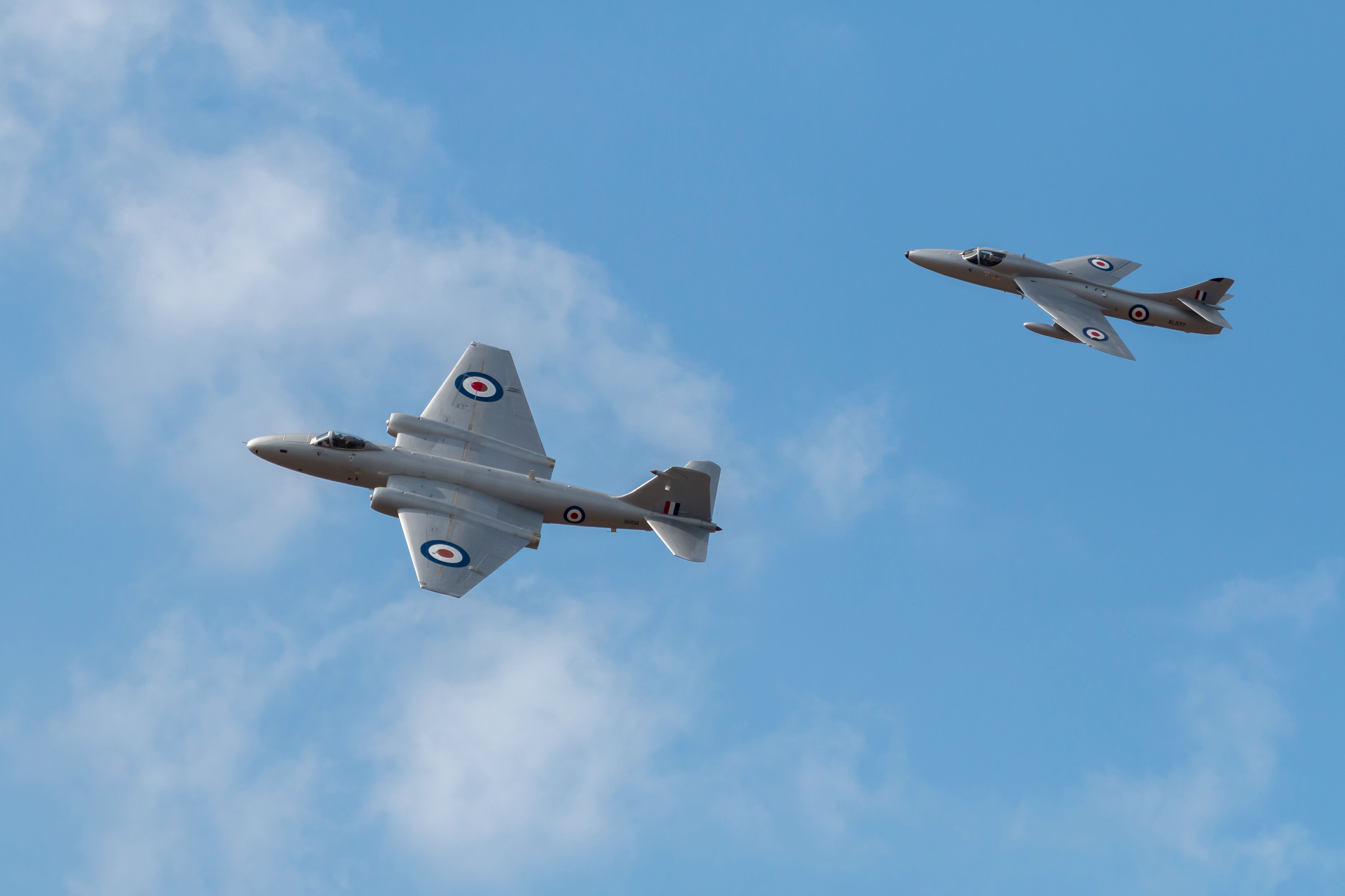 An English Electric Canberra and Hawker Hunter flying in formation.