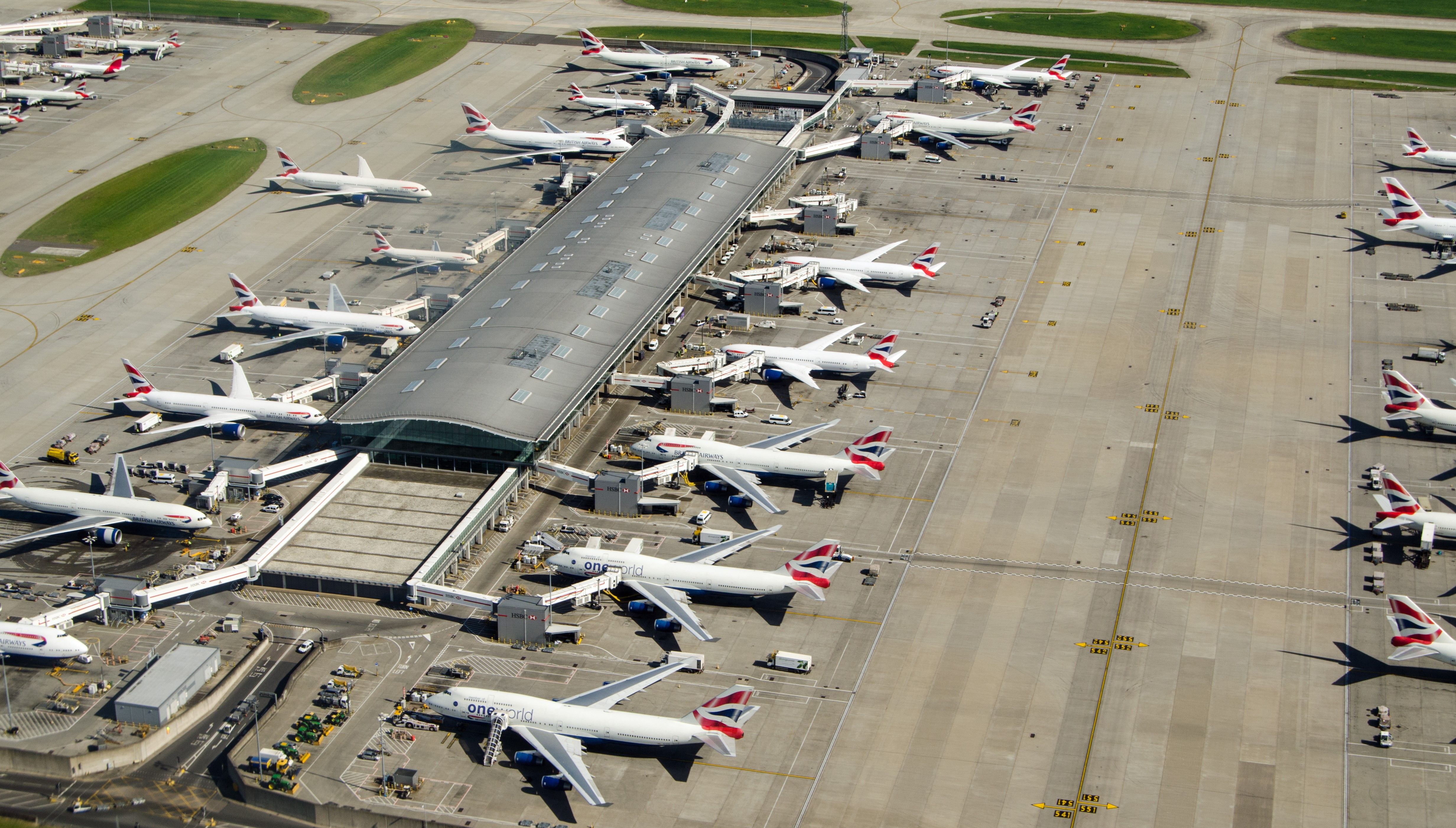 British Airways planes parked at Heathrow Airport.