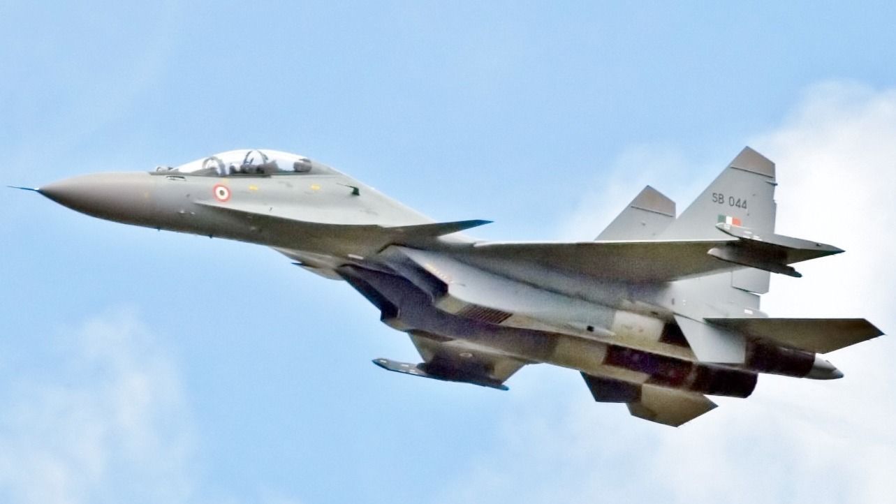 The Sukhoi Su-30 MKI (NATO reporting name Flanker-H) heavy class, long-range, multi-role, air superiority fighter and strike fighter, in Indian Air Force insignia.