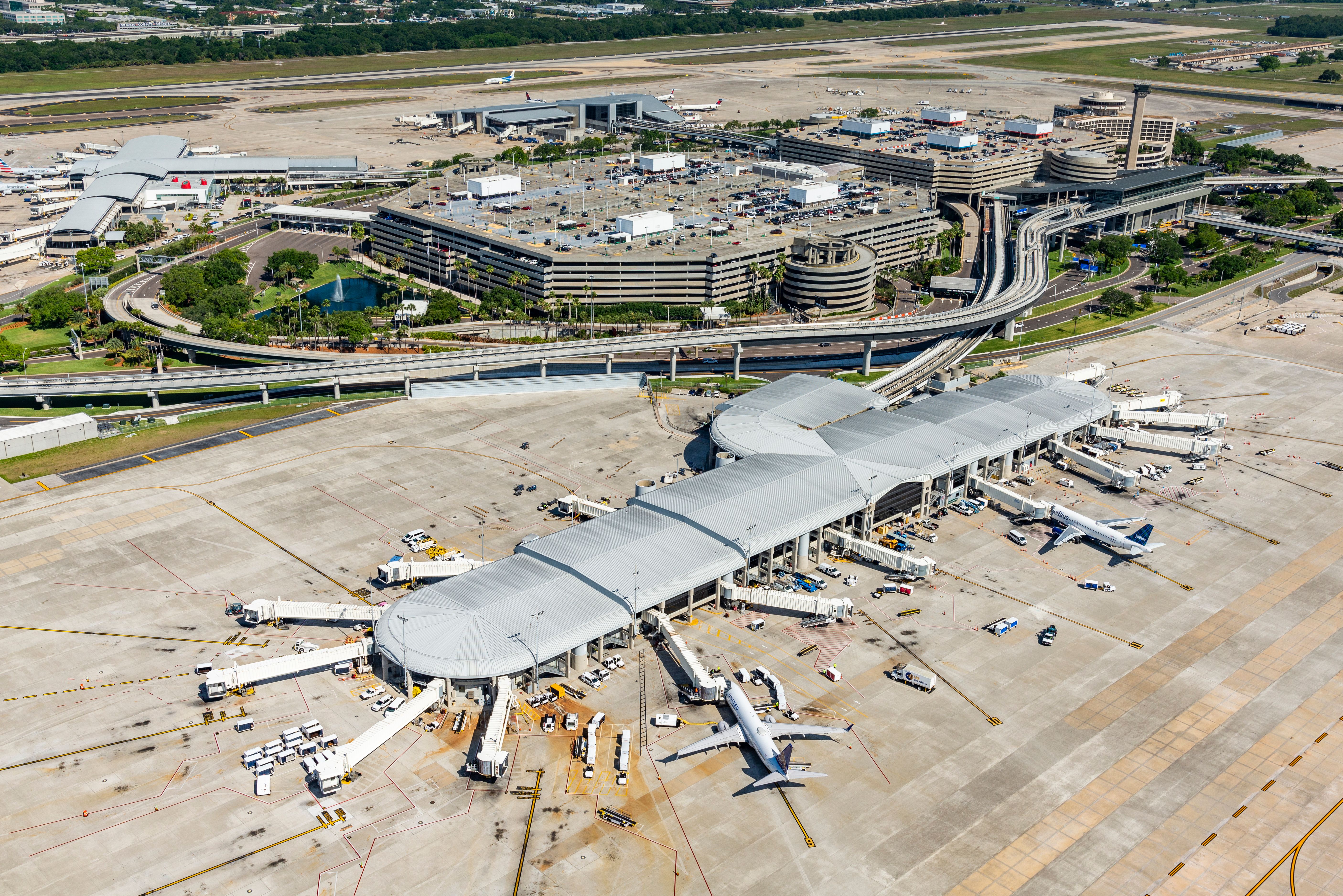 An aerial view of a concourse at Tampa International Airport.