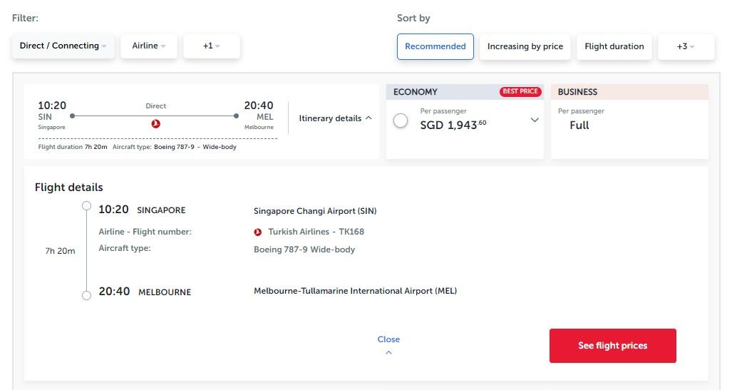 Turkish Airlines Booking Website Singapore Melbourne March 2024