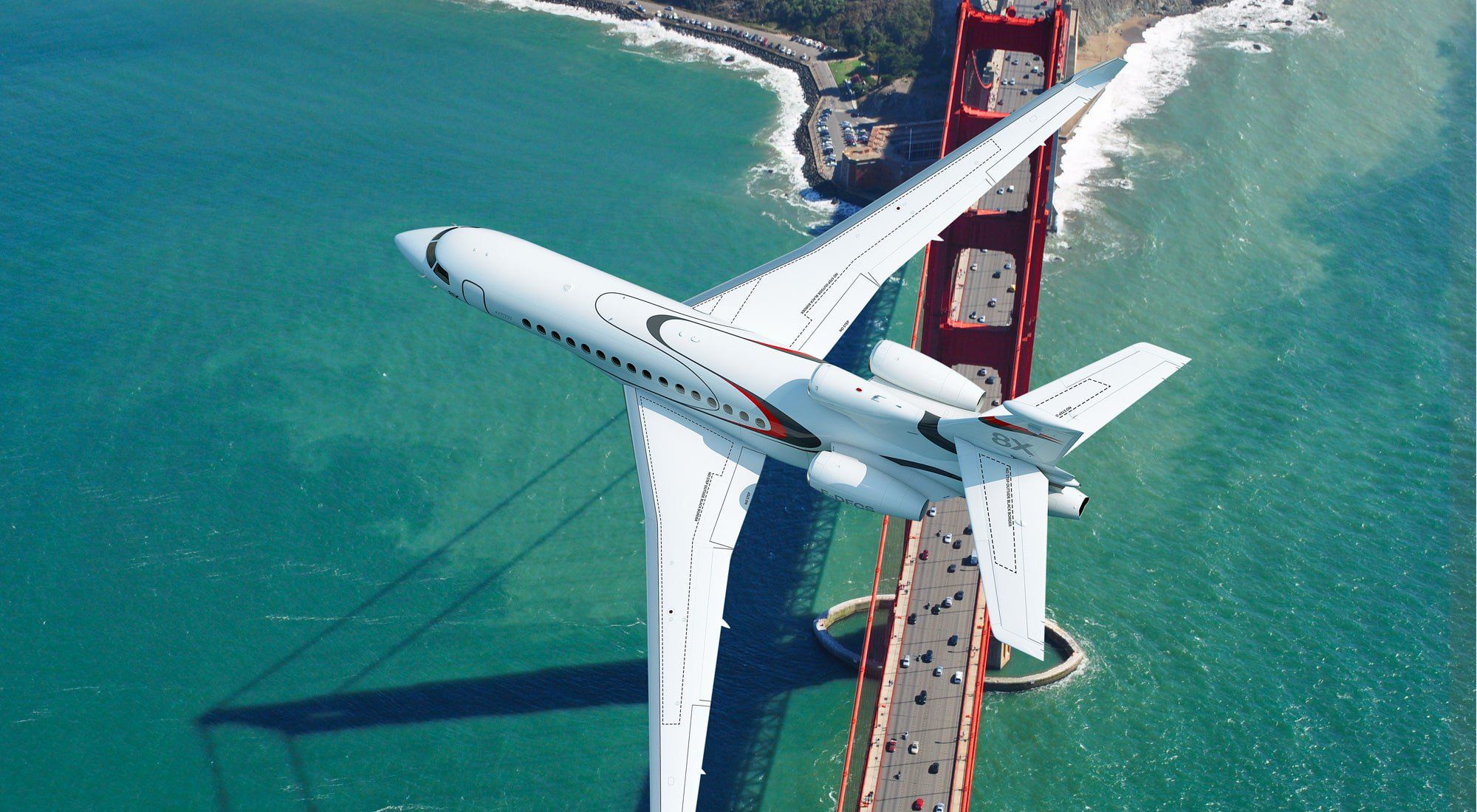 A Dassault Falcon 8X flying over the Golden Gate Bridge.