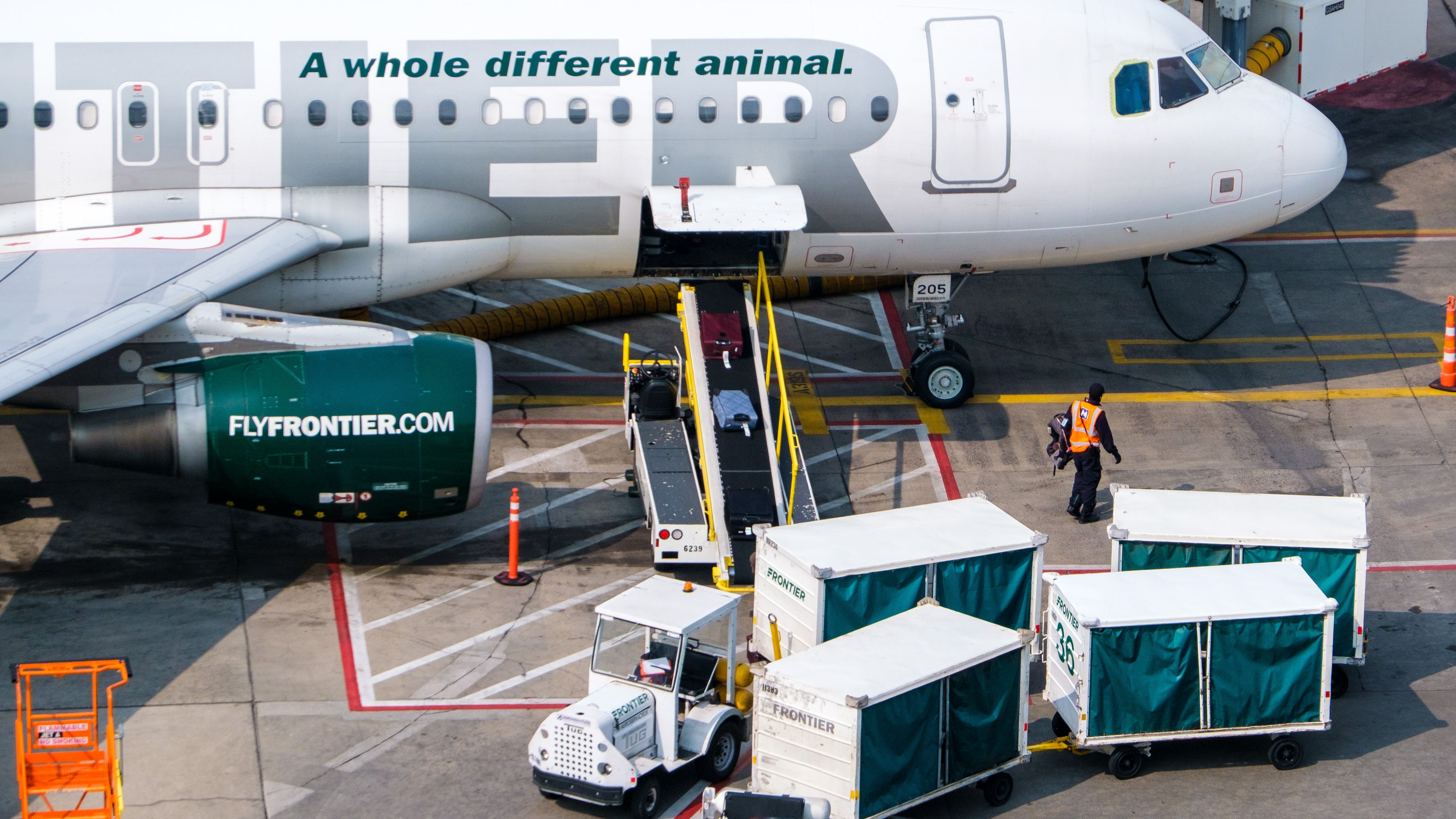 Baggage at a Frontier Airlines plane 