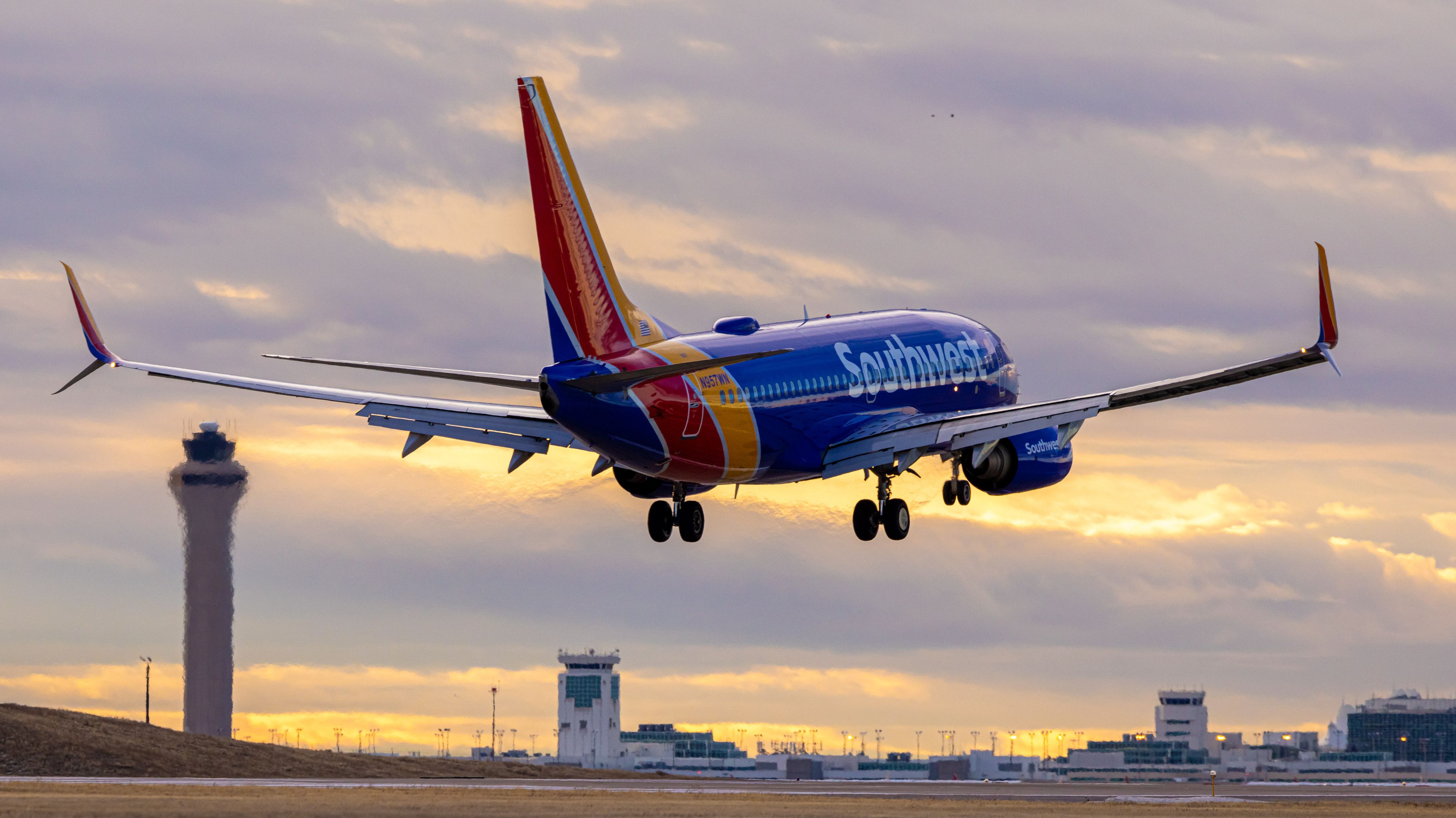 A Southwest Airlines plane landing at Denver International Airport