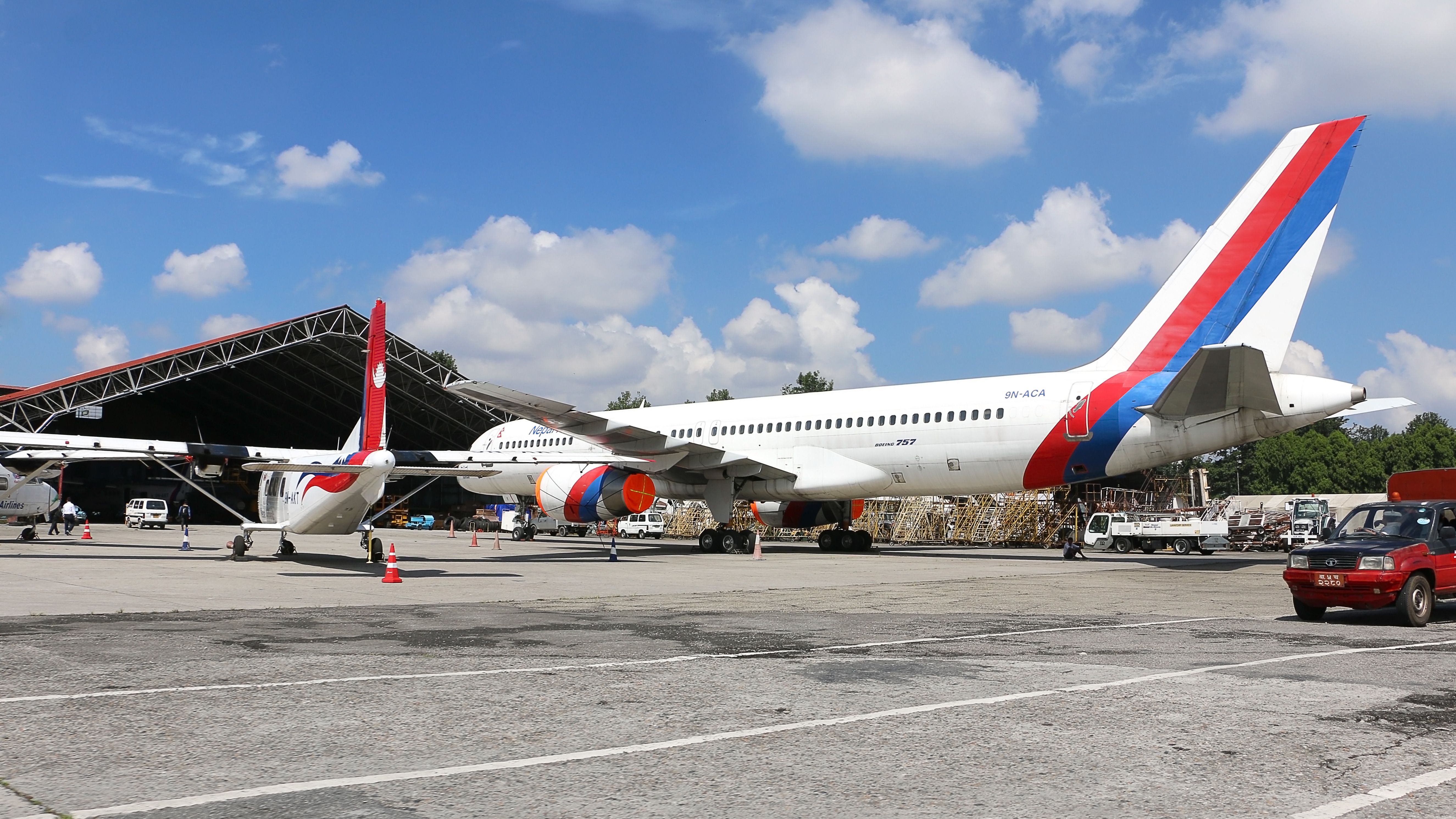 A Nepal Airlines Boeing 757 on the apron at Tribhuvan International Airport.