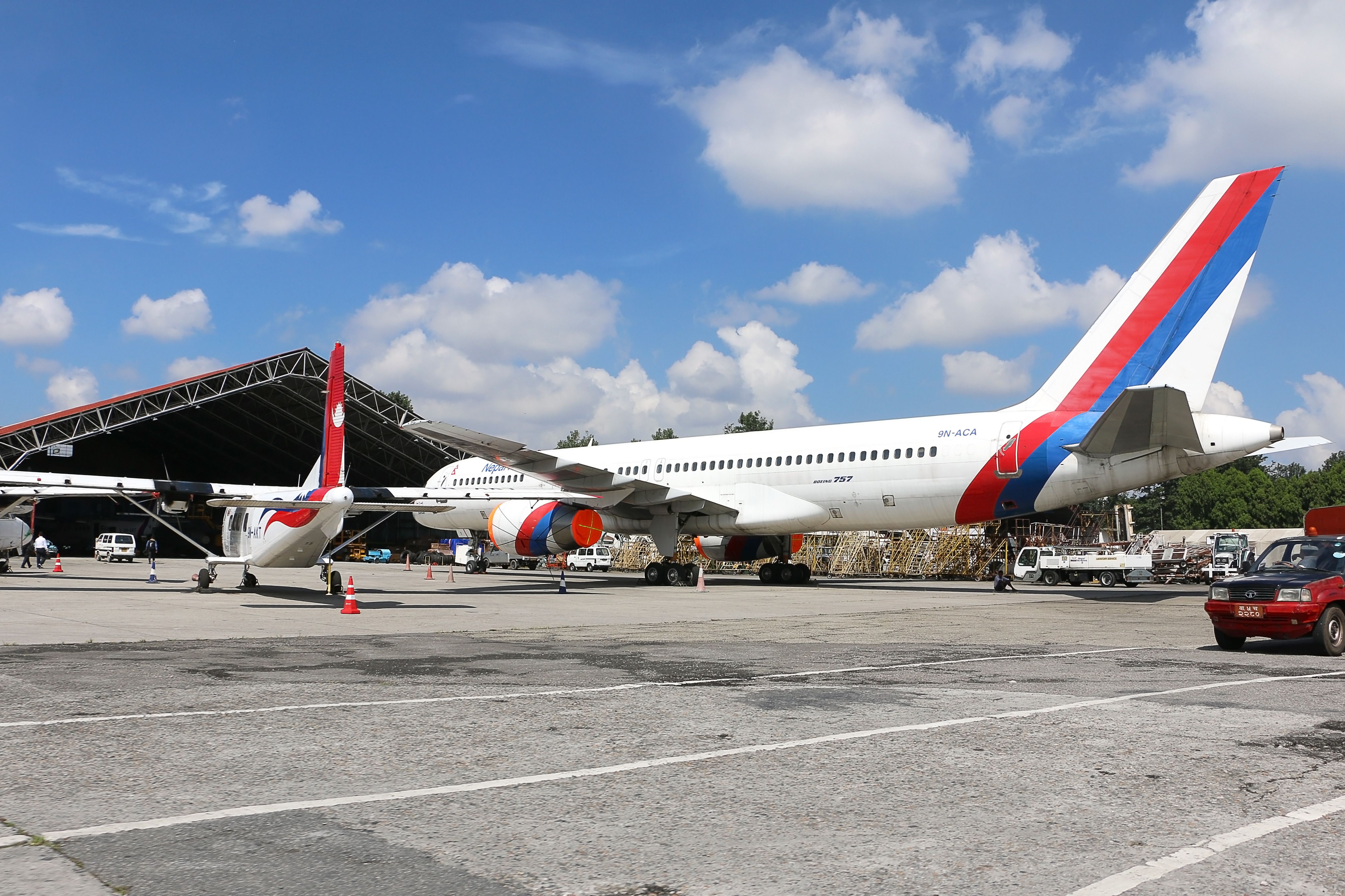A Nepal Airlines Boeing 757 on the apron at Tribhuvan International Airport.