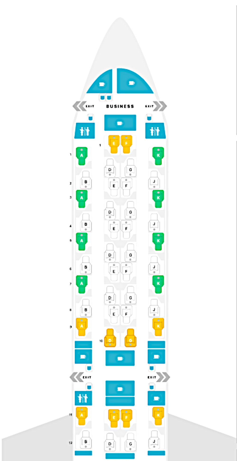 A seat map of the Qatar Airways Airbus A350-1000.