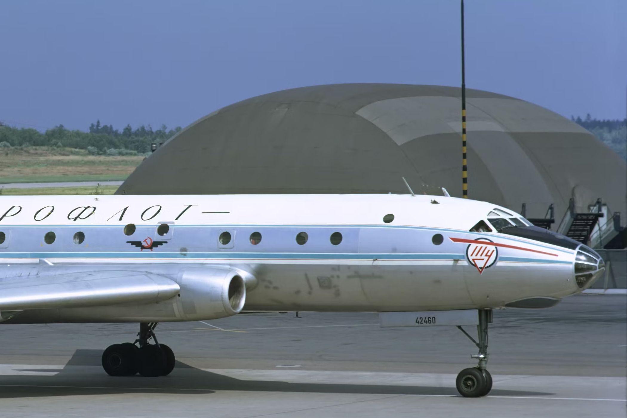 An Aeroflot Tupolev Tu-104B on an airport apron.
