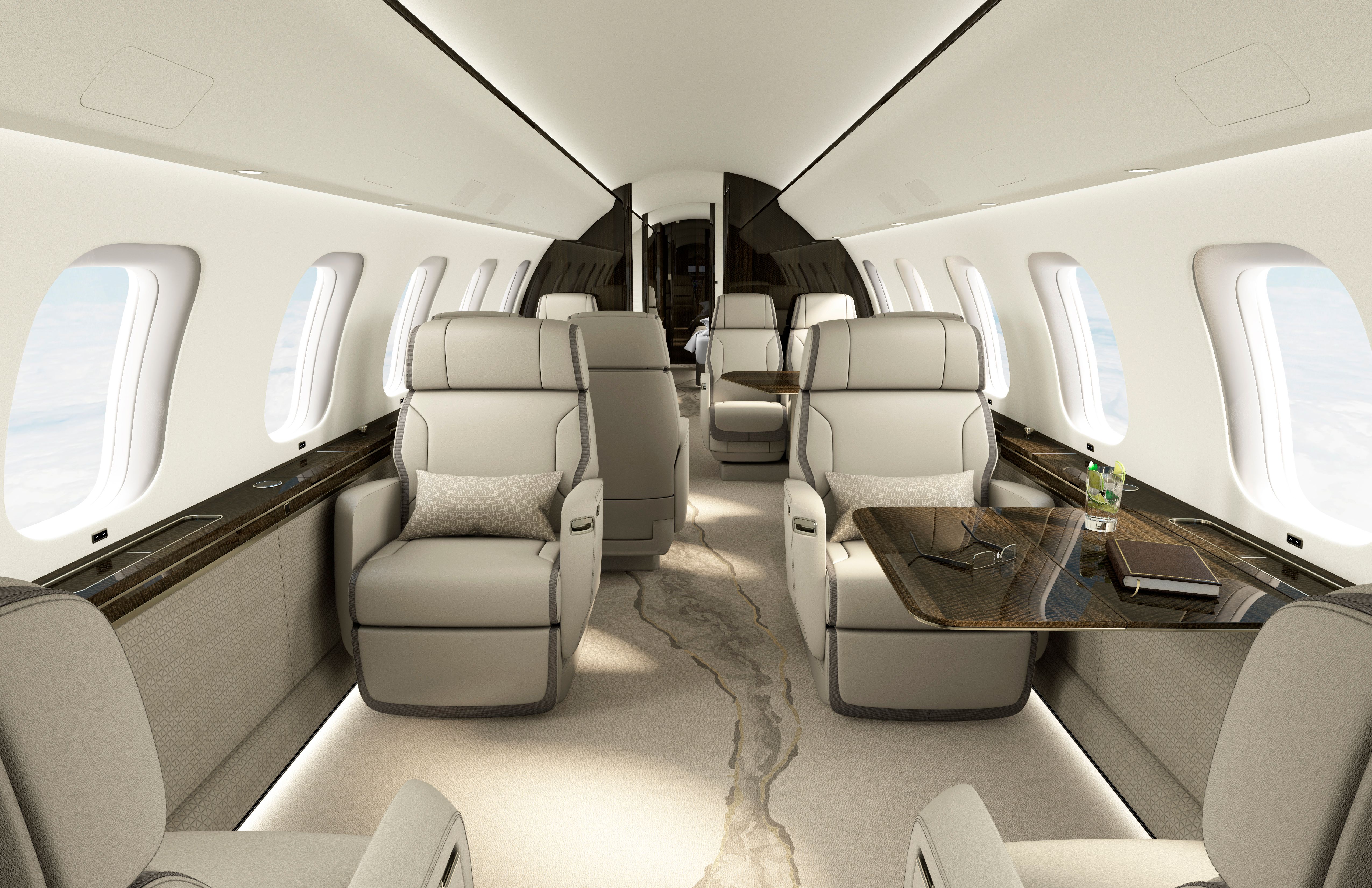 Inside the main cabin of a Bombardier Global 8000.