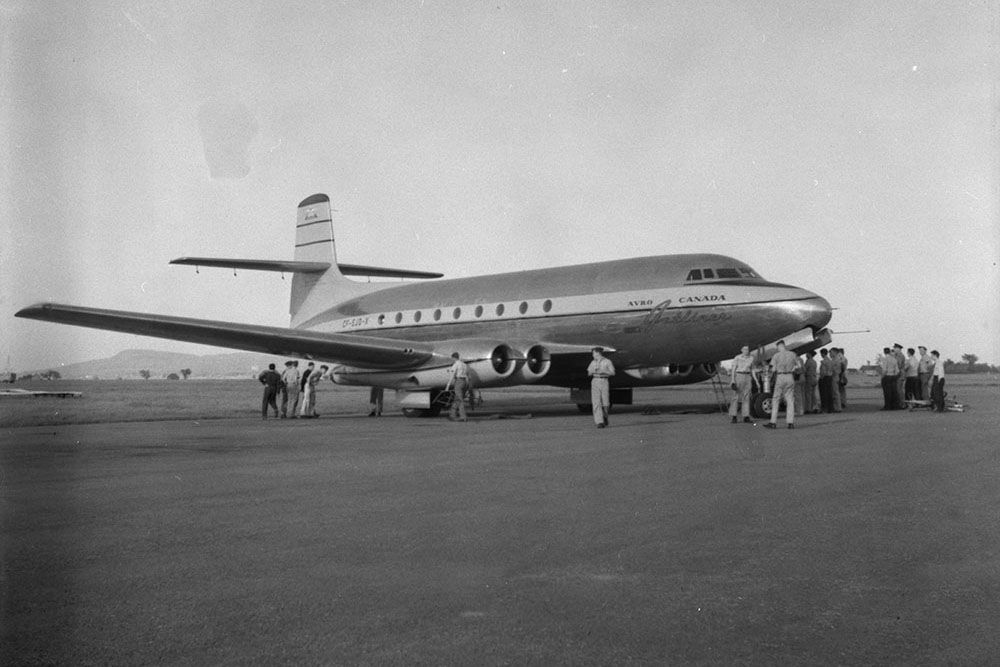 An Avro Canada C-102 Jetliner on an airport apron.