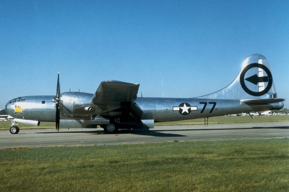 A B-29 SUperfortress called Bock's Car on an airport apron.