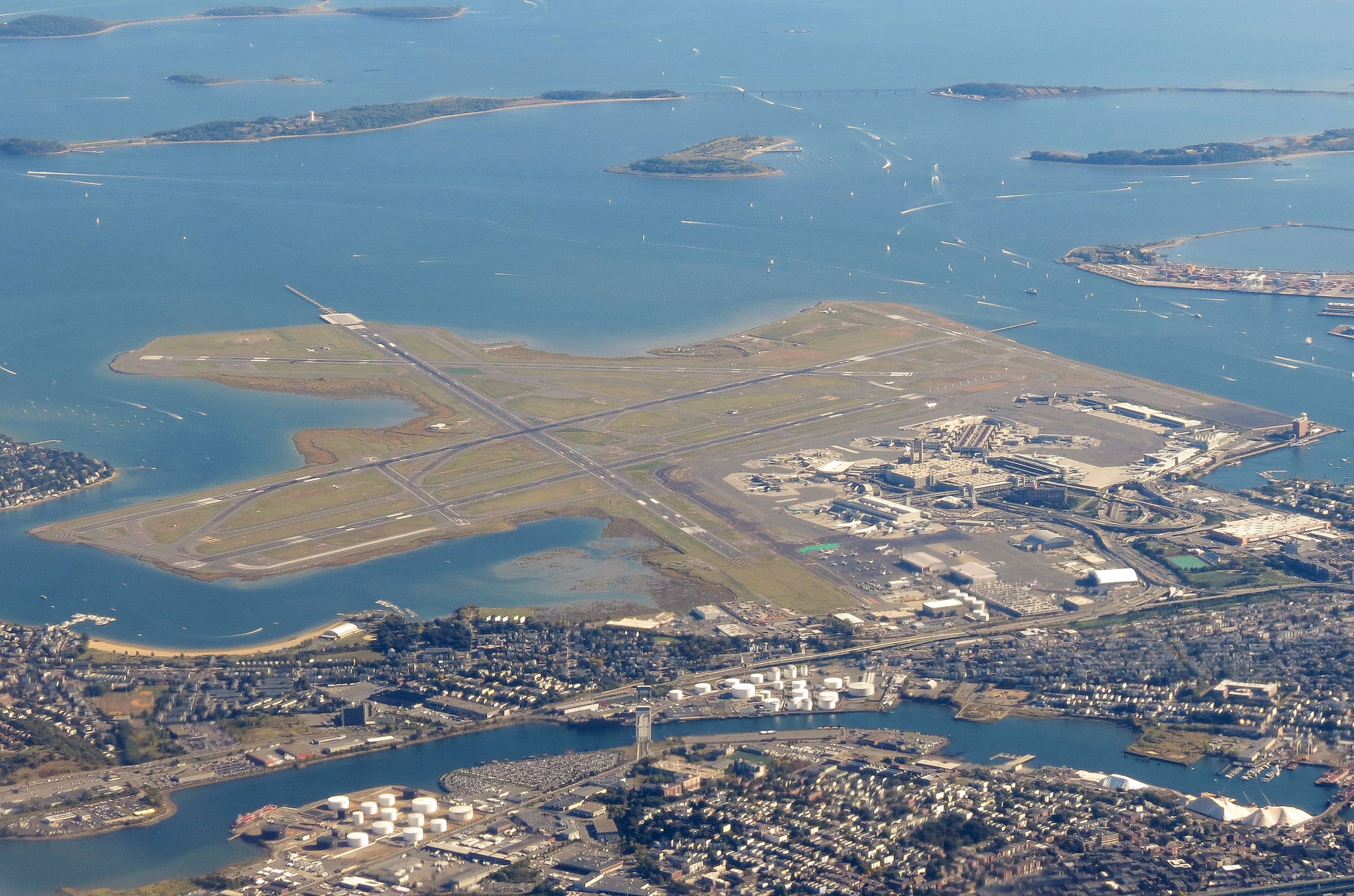 An aerial view of Boston Logan International Airport.