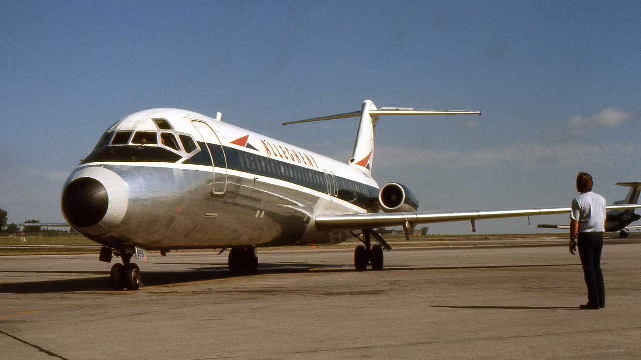An Allegheny Airlines DC-9 on an airport apron.