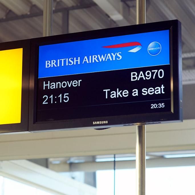 A screen at the gate for a British Airways flight.
