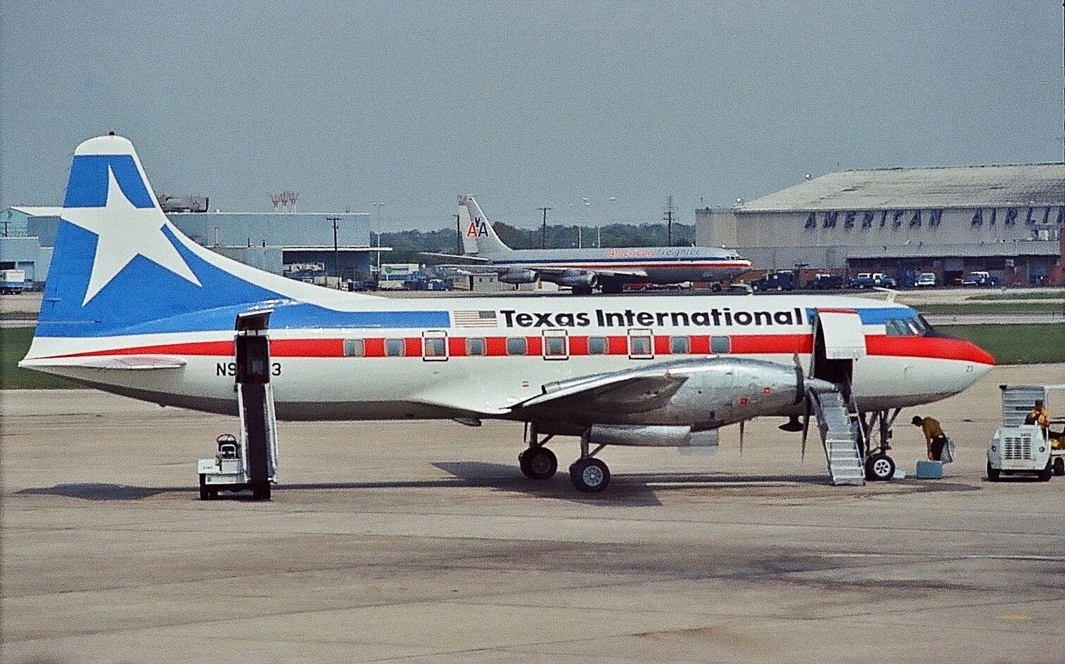 A Texas International Airlines Convair 600 Parked On An Airport Apron.