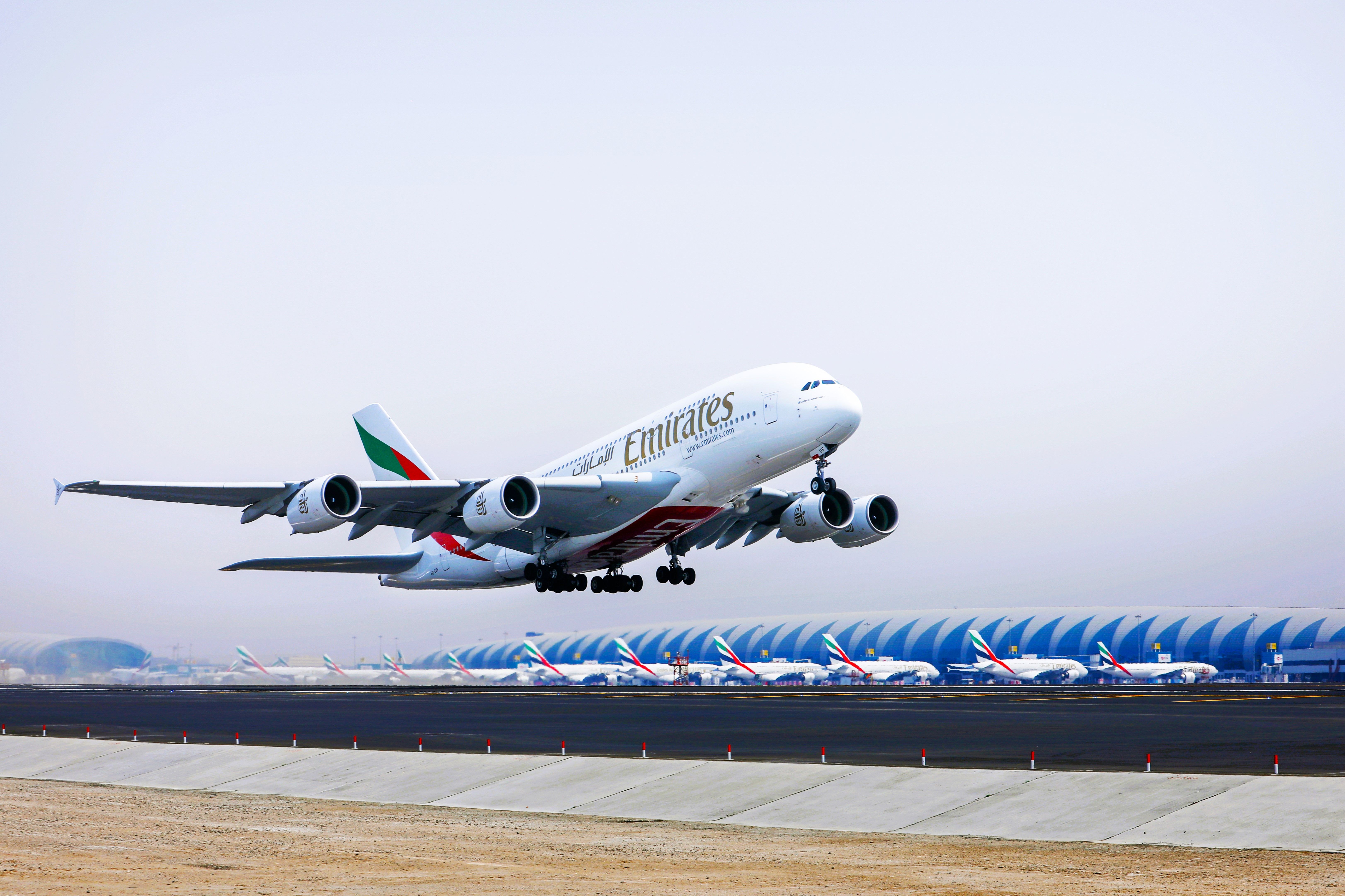 An Emirates Airbus A380 just after taking off from DXB.