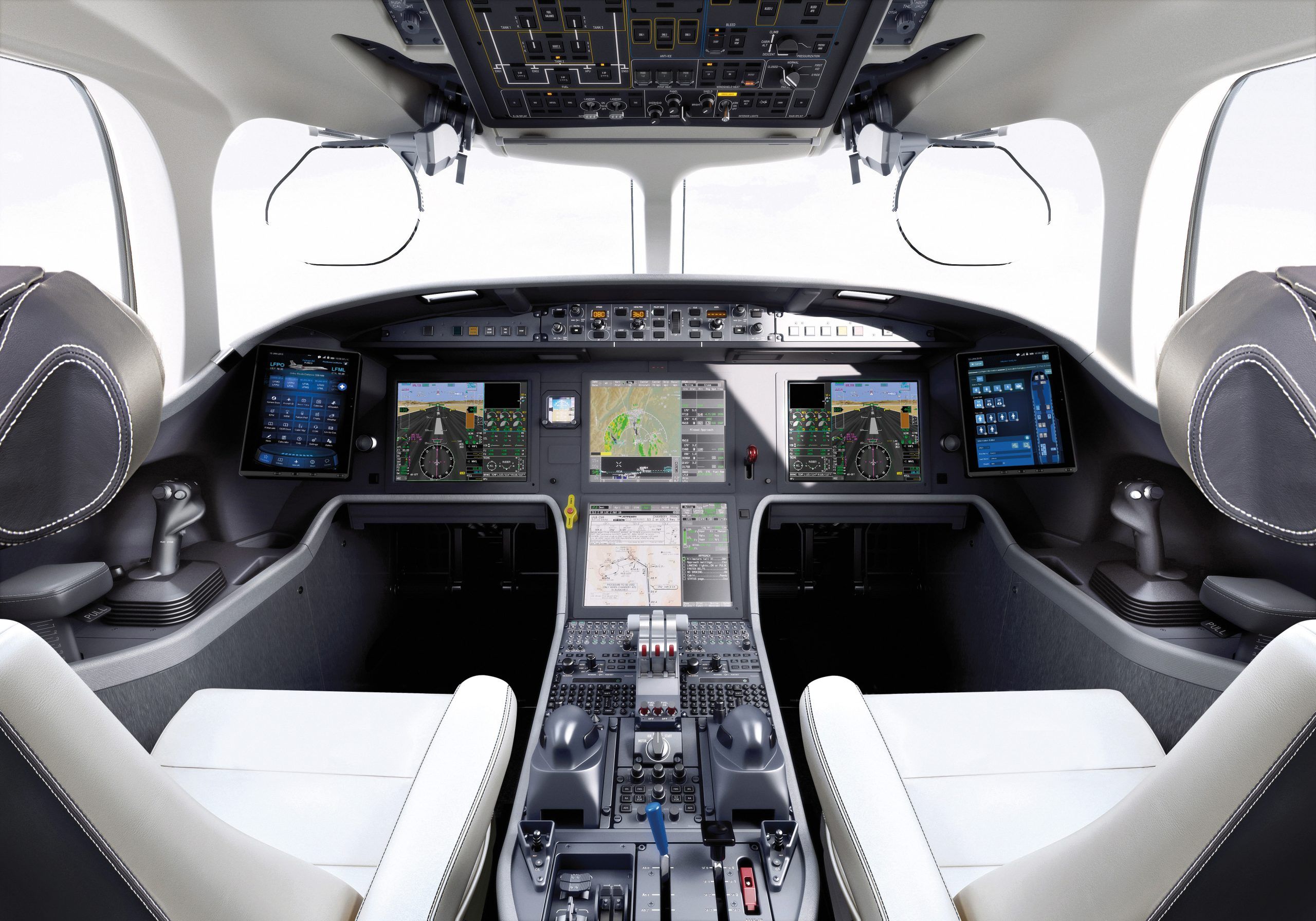 The cockpit oof a Dassault Falcon aircraft.