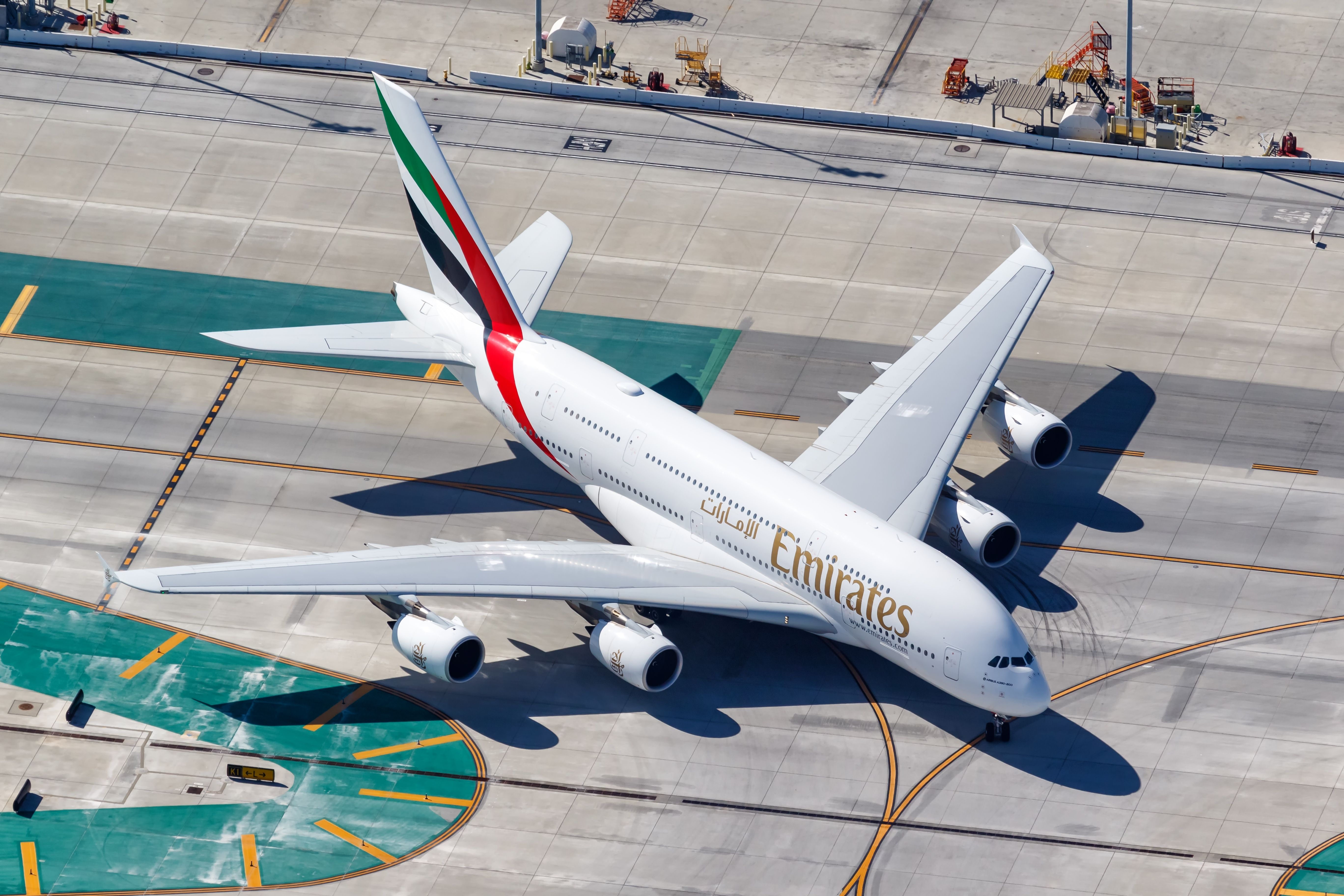 Emirates Airbus A380 at Los Angeles International Airport LAX shutterstock_2228950577