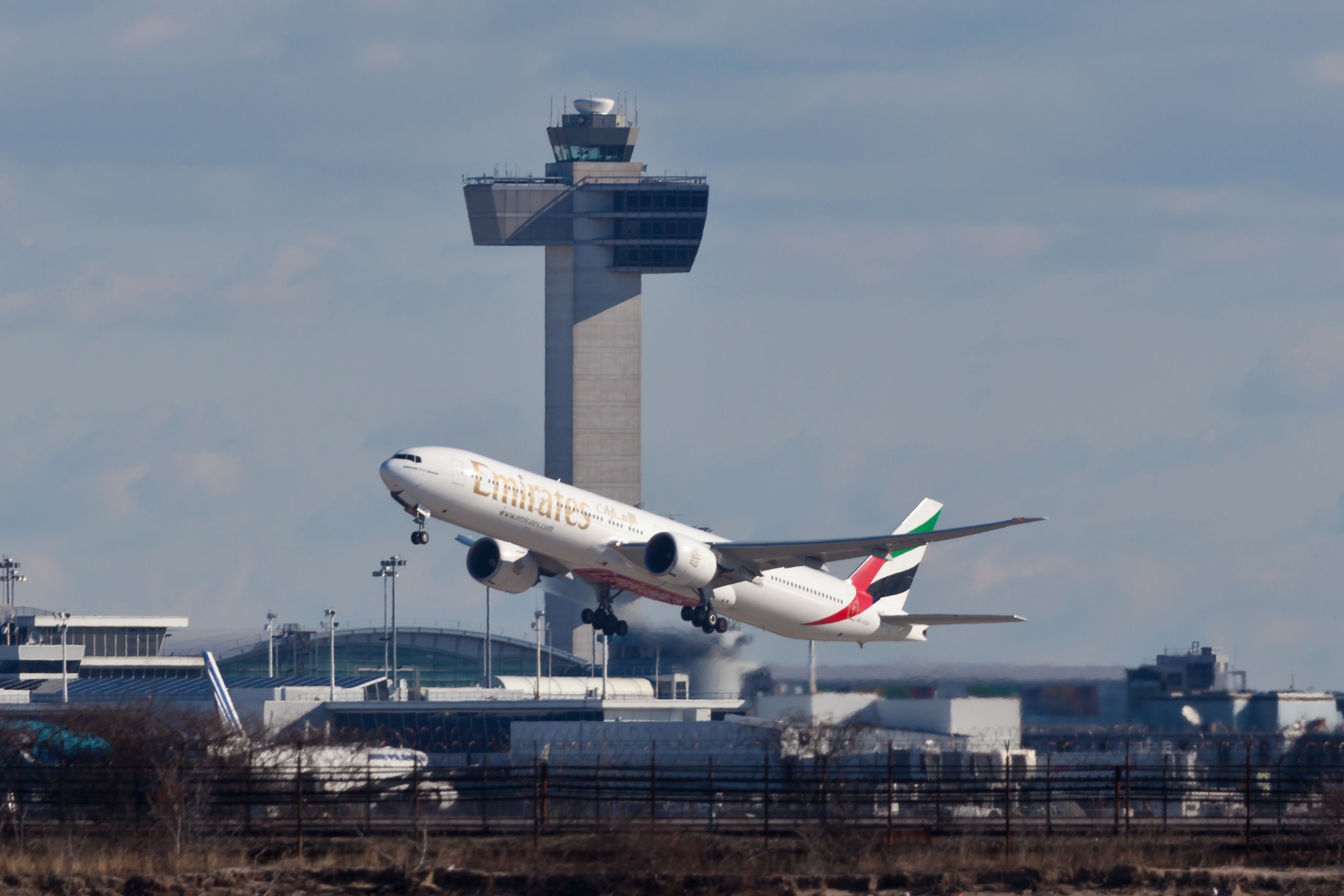 An Emirates Boeing 777 just after taking off.