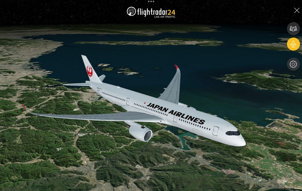 Flightradar24 3D view with a Japan Airlines Airbus A350-900
