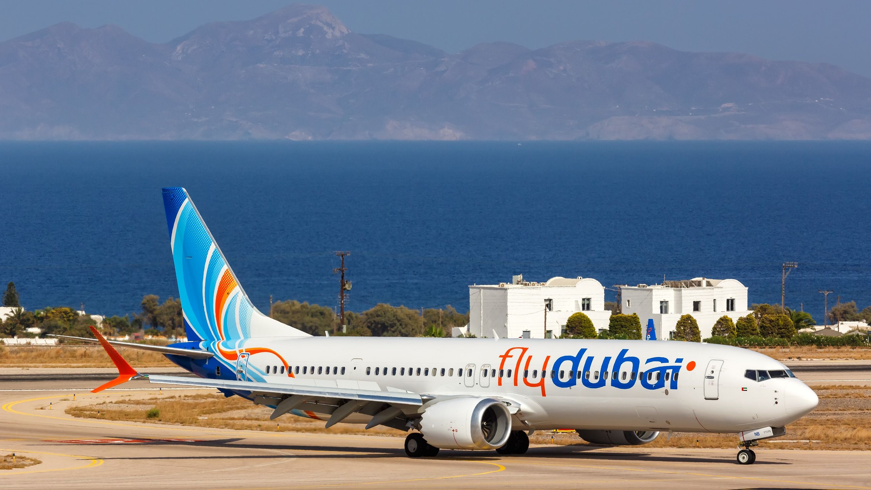 flydubai Boeing 737 MAX at Santorini, Greece shutterstock_2086176307