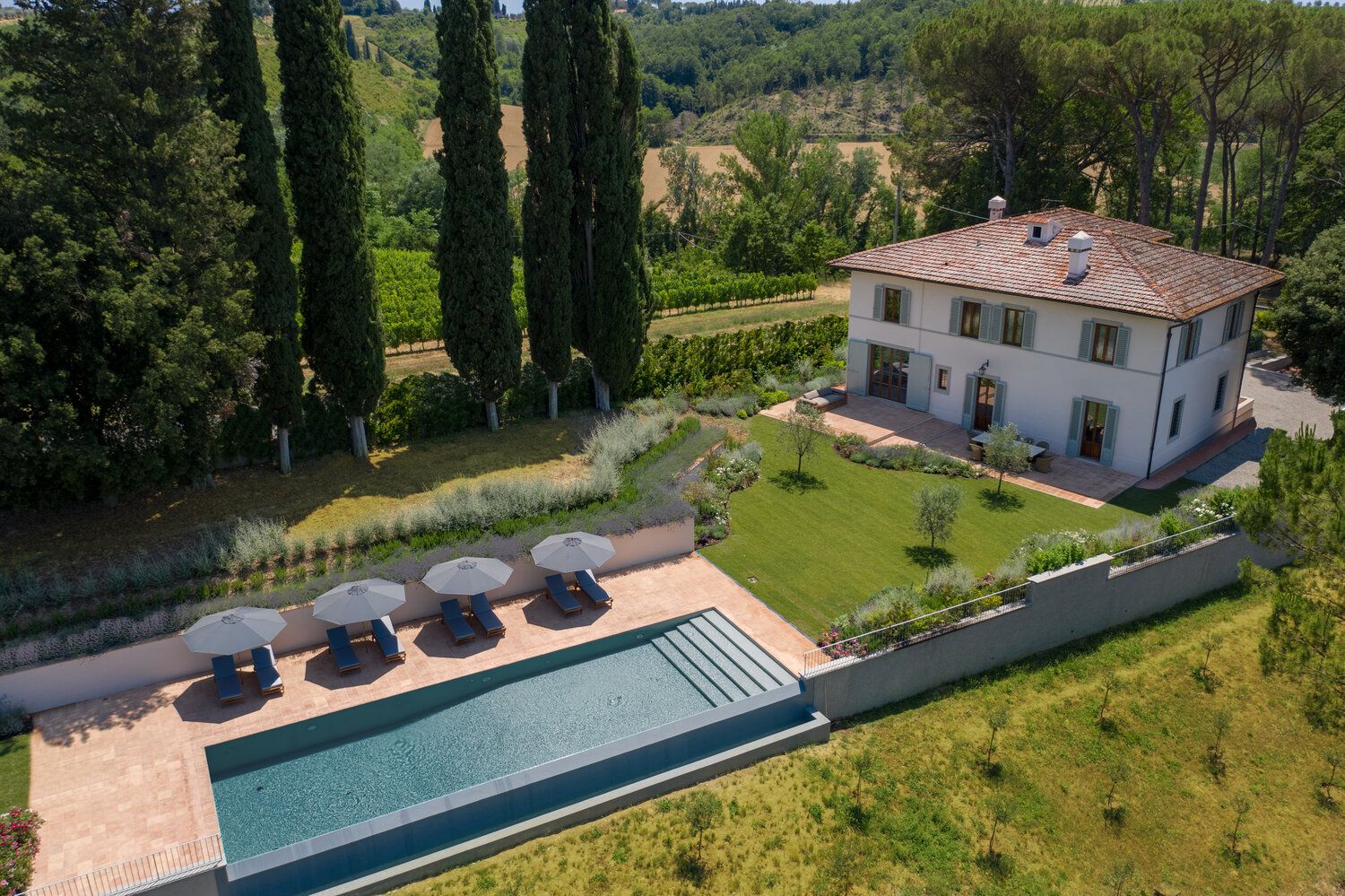 An aerial view of the Tuscan Estate.