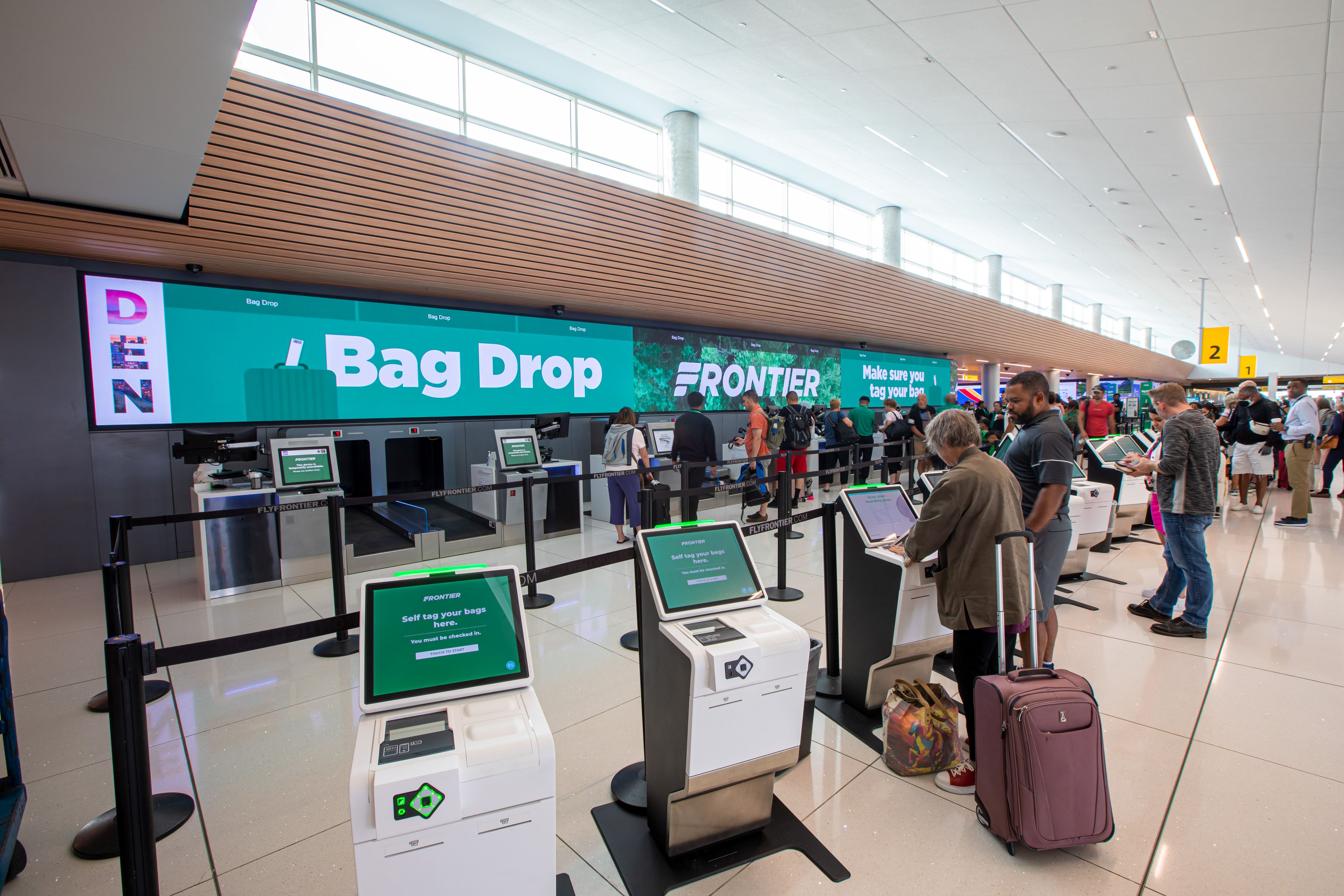 The Frontier Airlines self service bag drop at Denver International Airport.