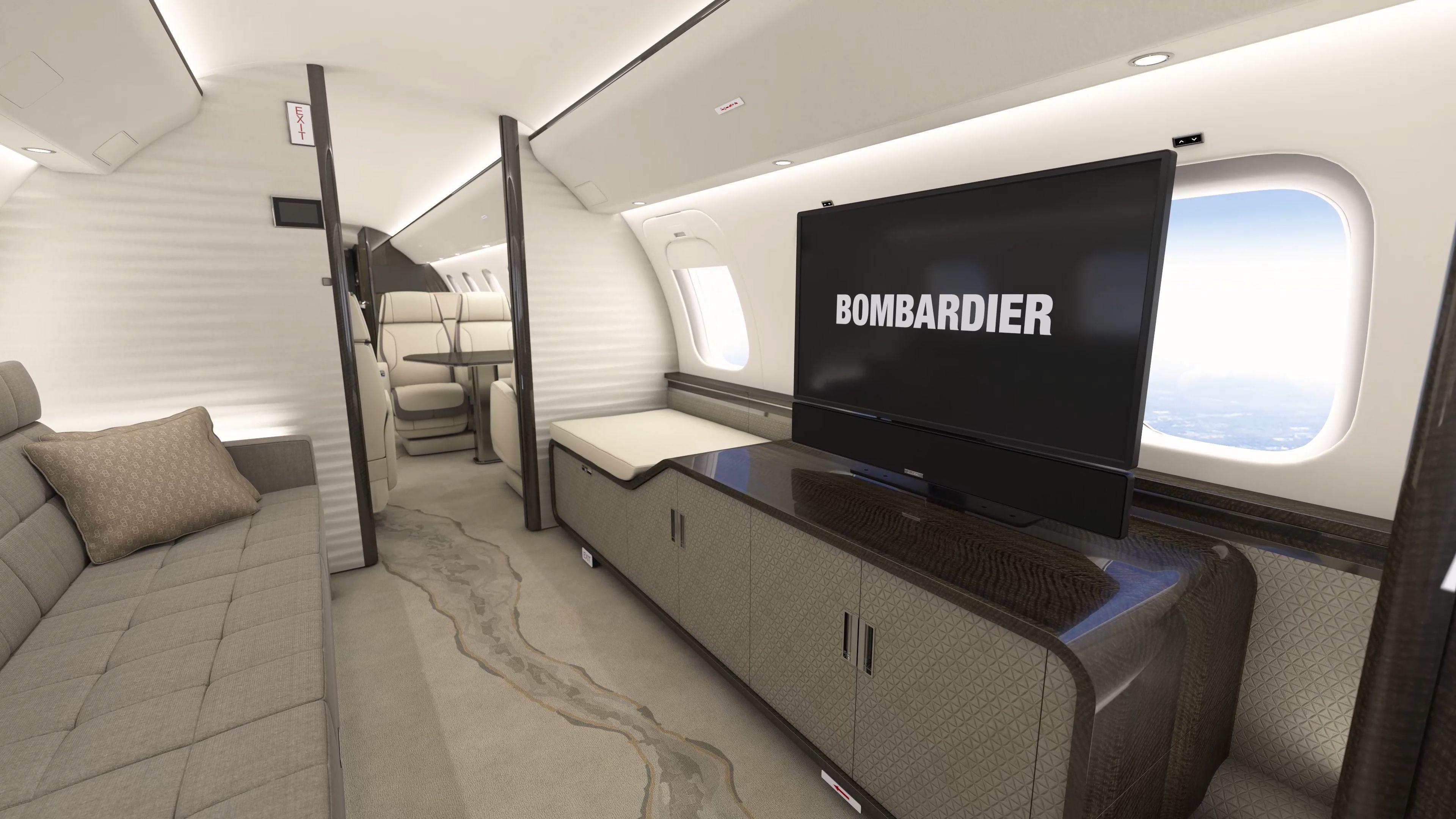 A sofa and television lounge area inside the Bombardier Global 8000.