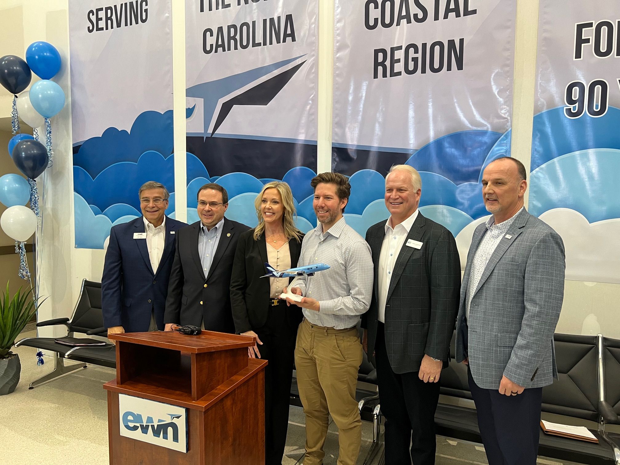 Executives of Coastal Carolina Airport and Breeze Airways announce the new routes.