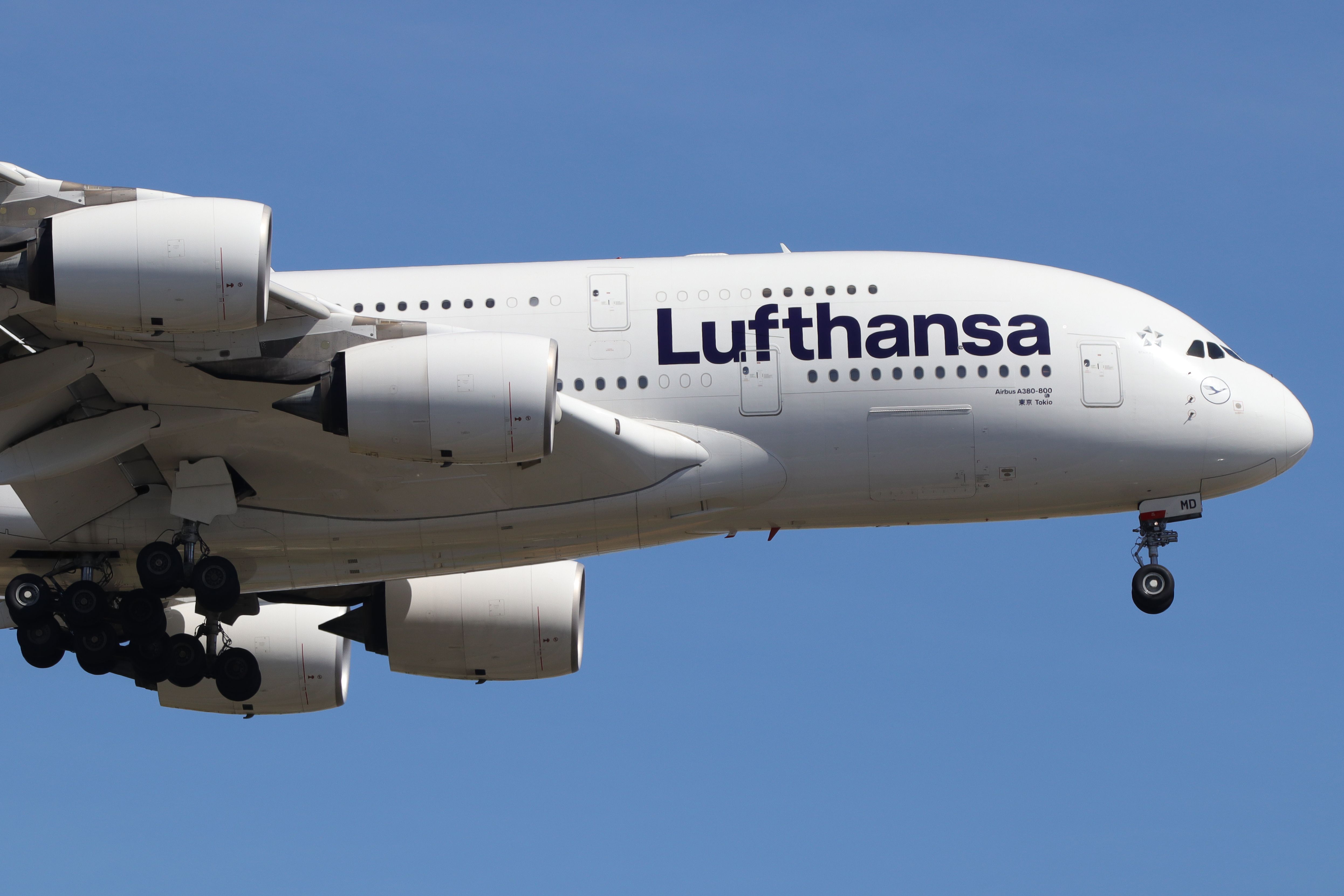 Lufthansa Airbus A380 on final approach shutterstock_1663002682
