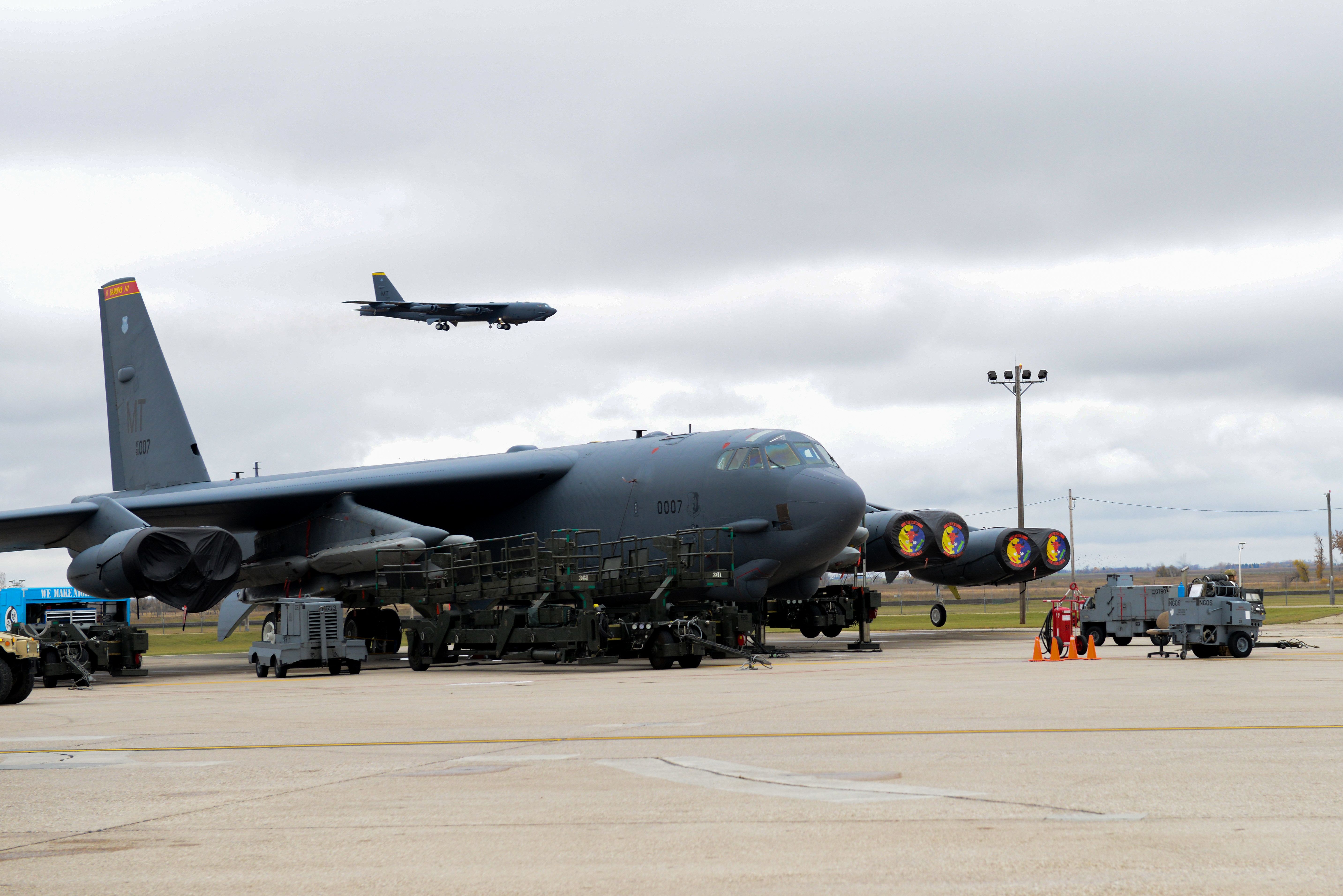 A Boeing B-52 on an airfield apron.