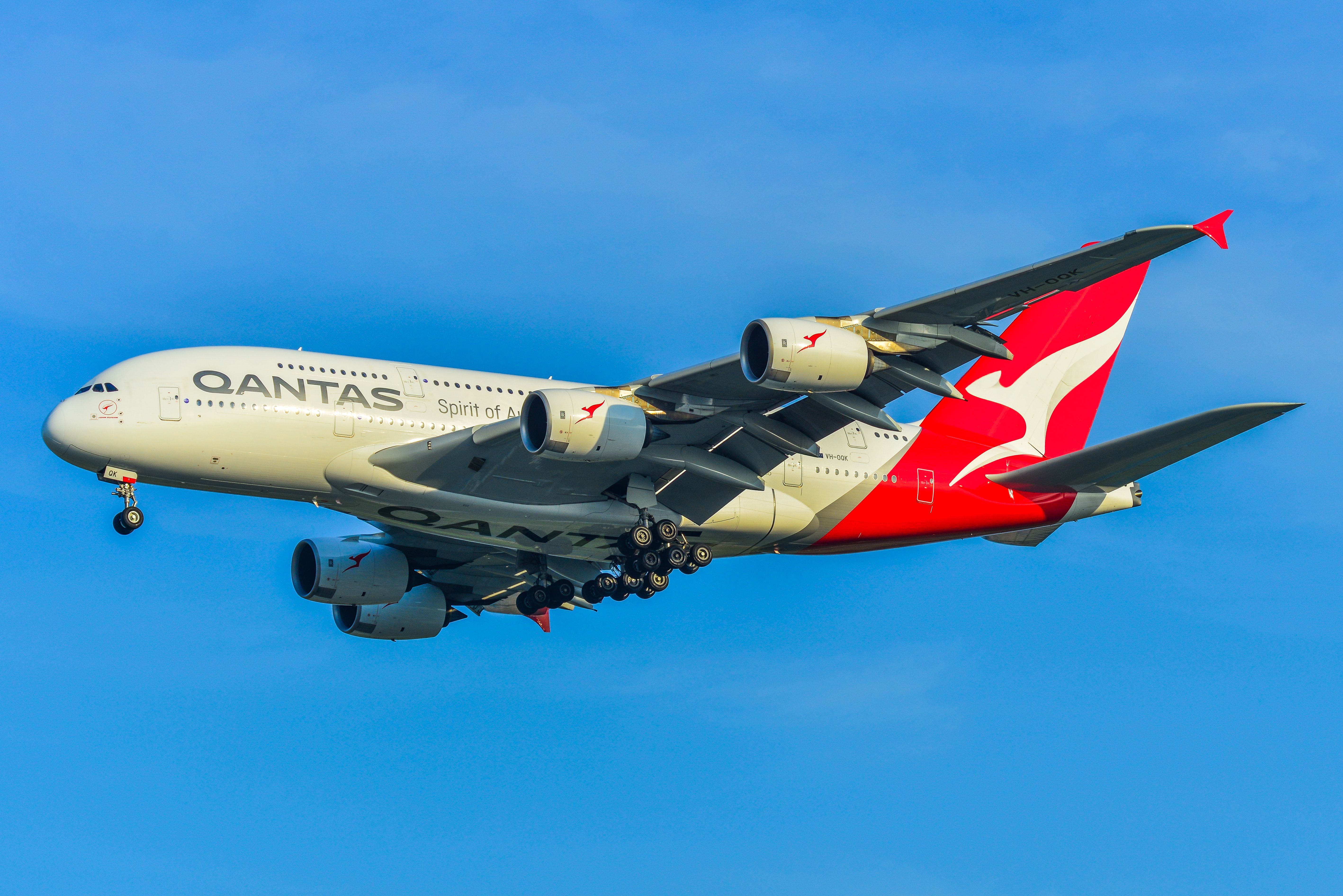 Qantas Airbus A380 landing at Singapore Changi Airport SIN shutterstock_1402140077