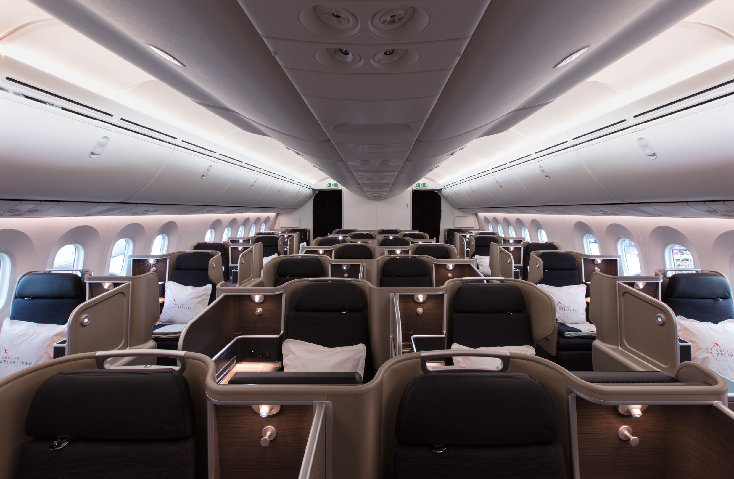 Inside the business class cabin of a Qantas Boeing 787-9.