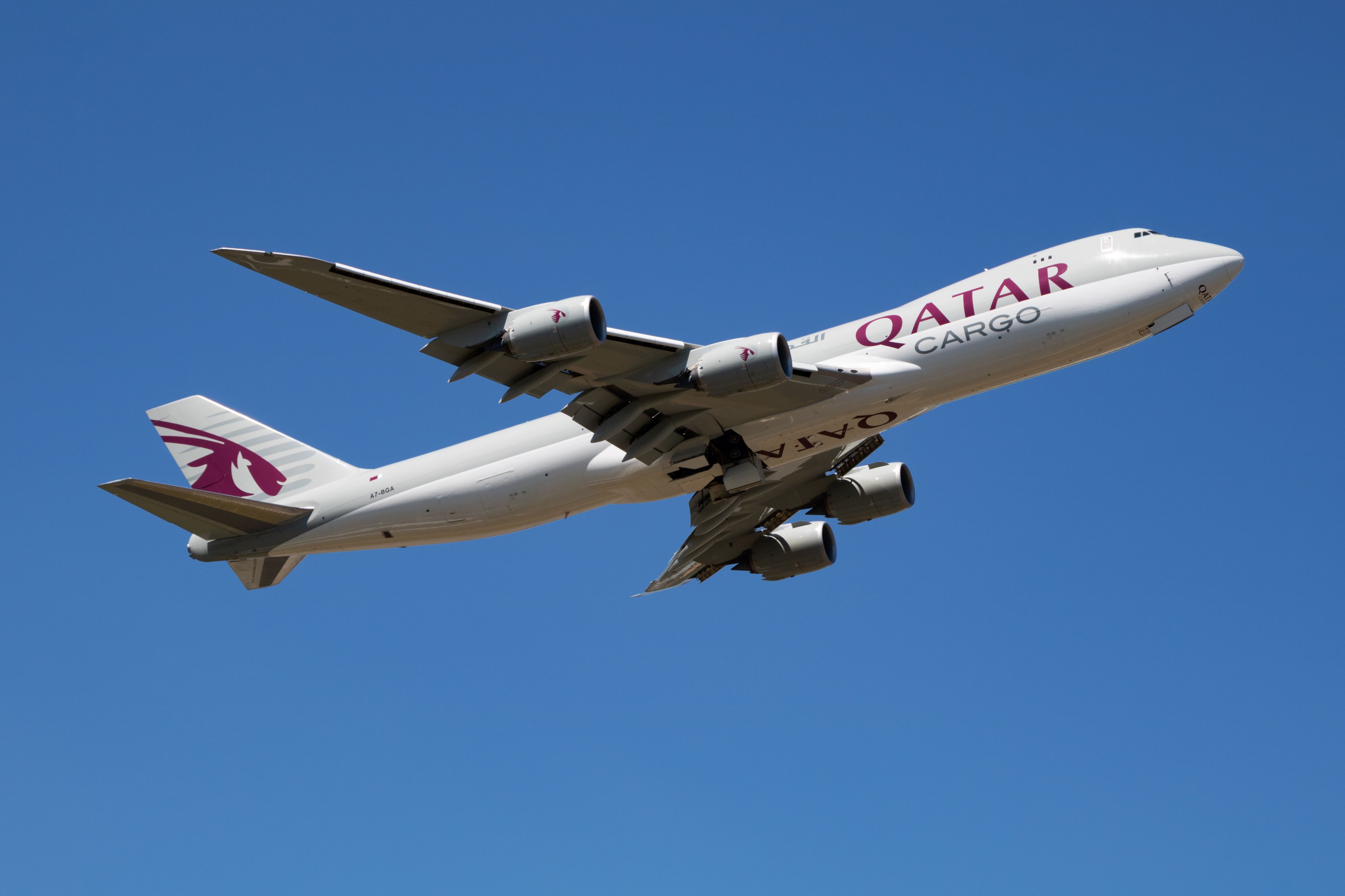 Qatar Airways Cargo Boeing 747-8F departing Luxembourg shutterstock_1669338214
