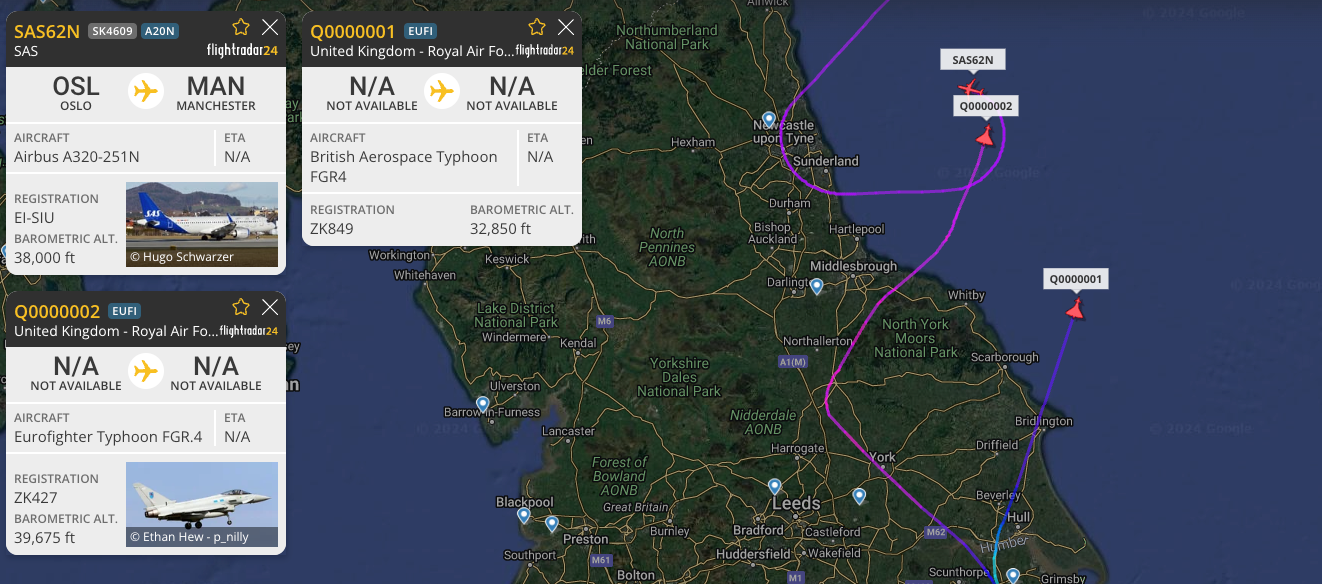 SAS Airbus A320neo and two Eurofighter Typhoons spotted on radar off the UK coast