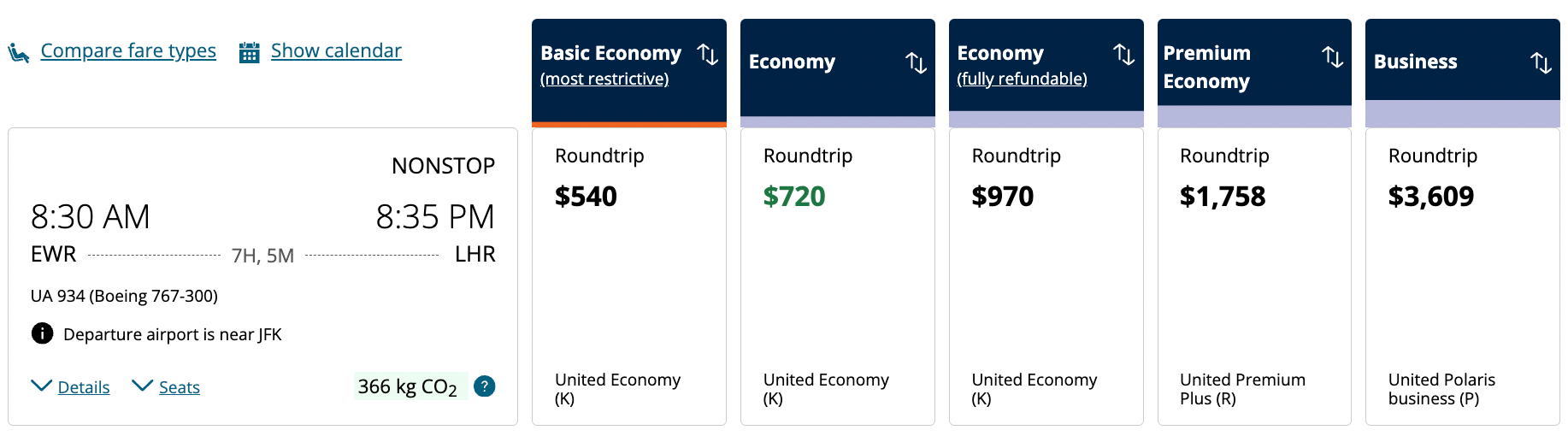 United Airlines EWR-LHR ticket price comparison