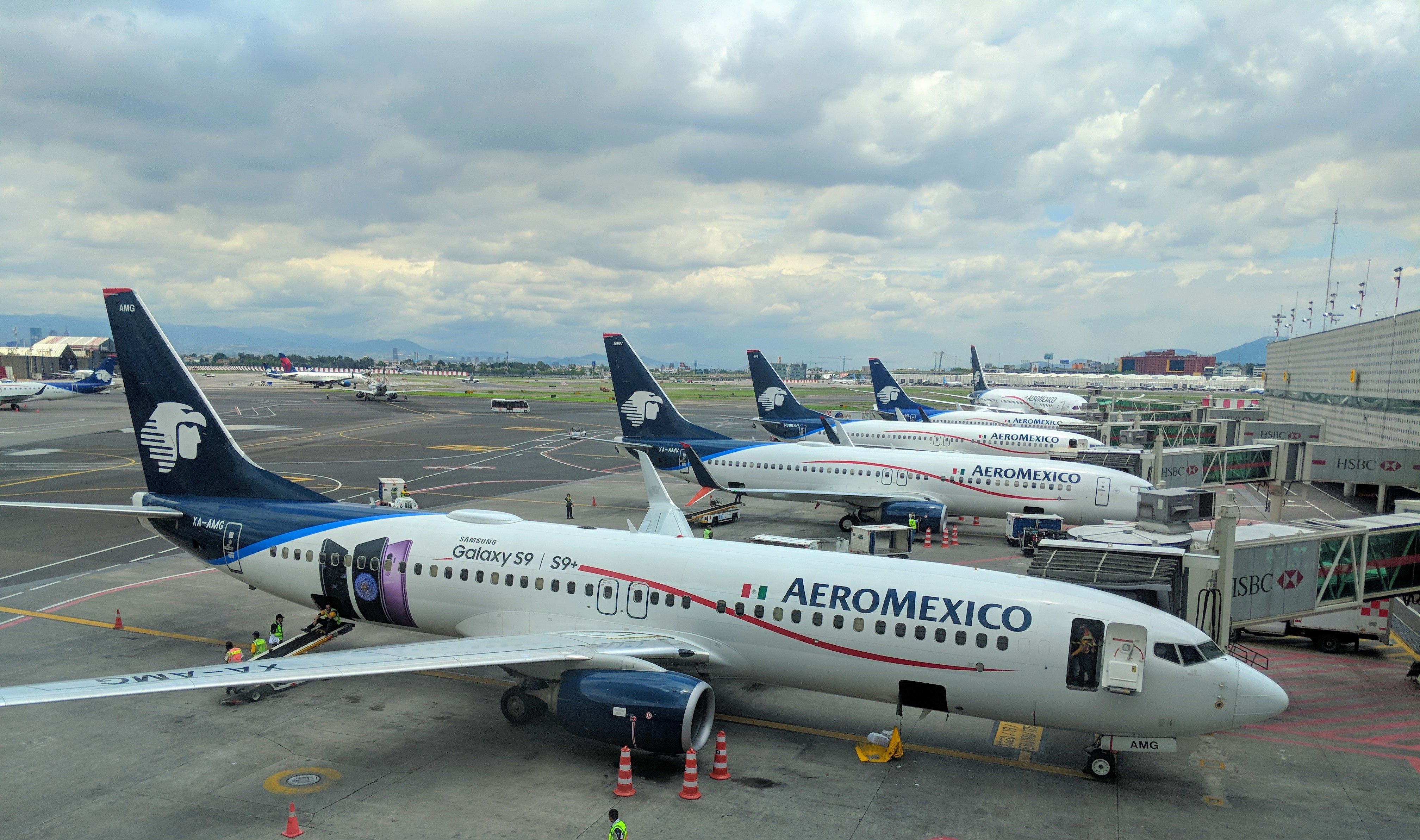 Aeromexico aircraft lined up at Mexico City International Airport