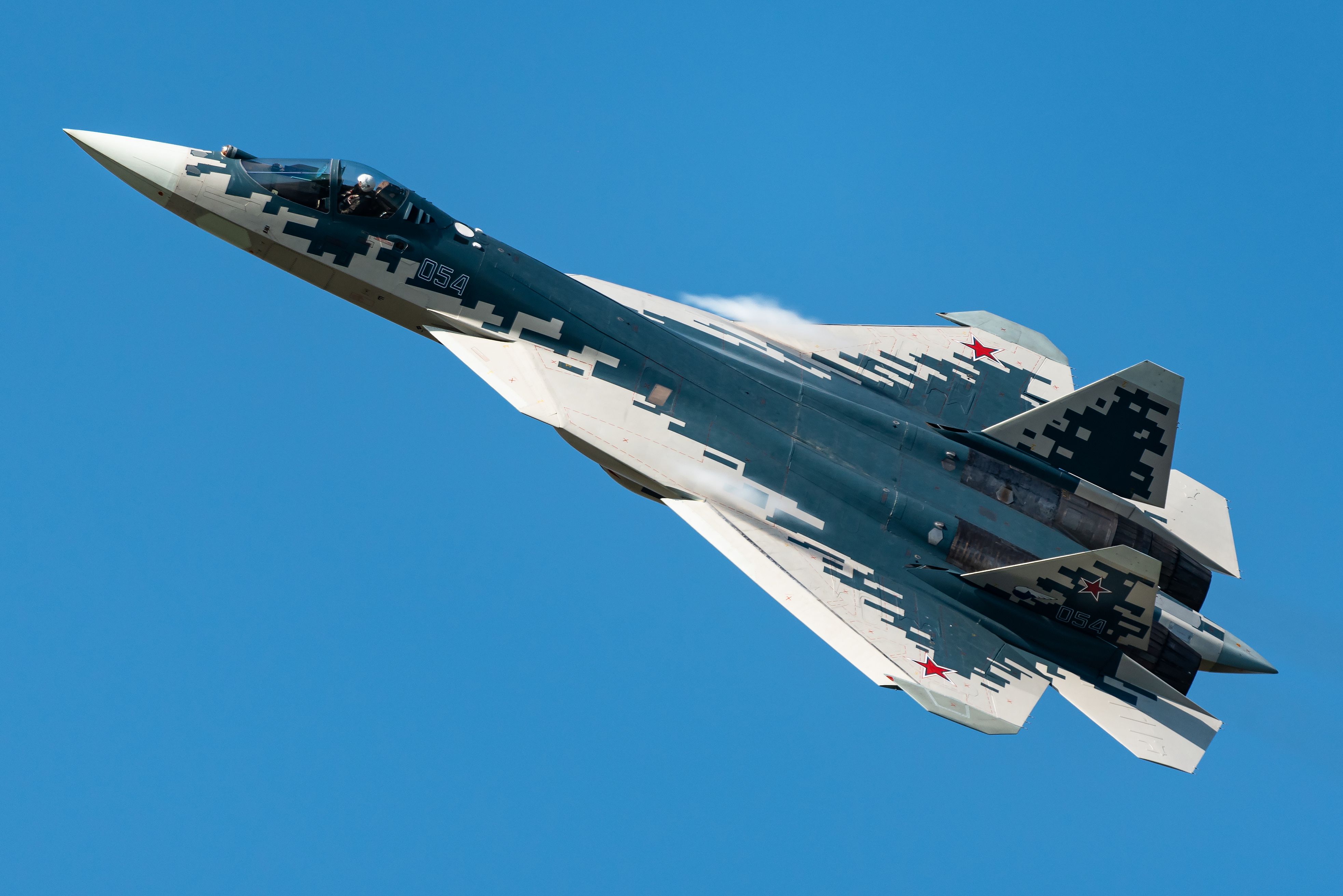 A Sukhoi Su-57 flying in the sky.