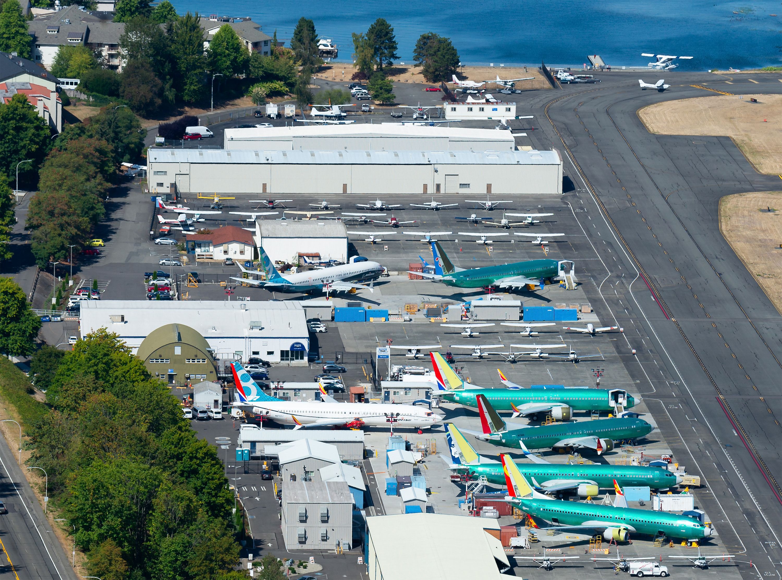 September 09 2018: Multiple Boeing 737 MAX and NG parked at Renton Airport, home to B737 MAX assembly line