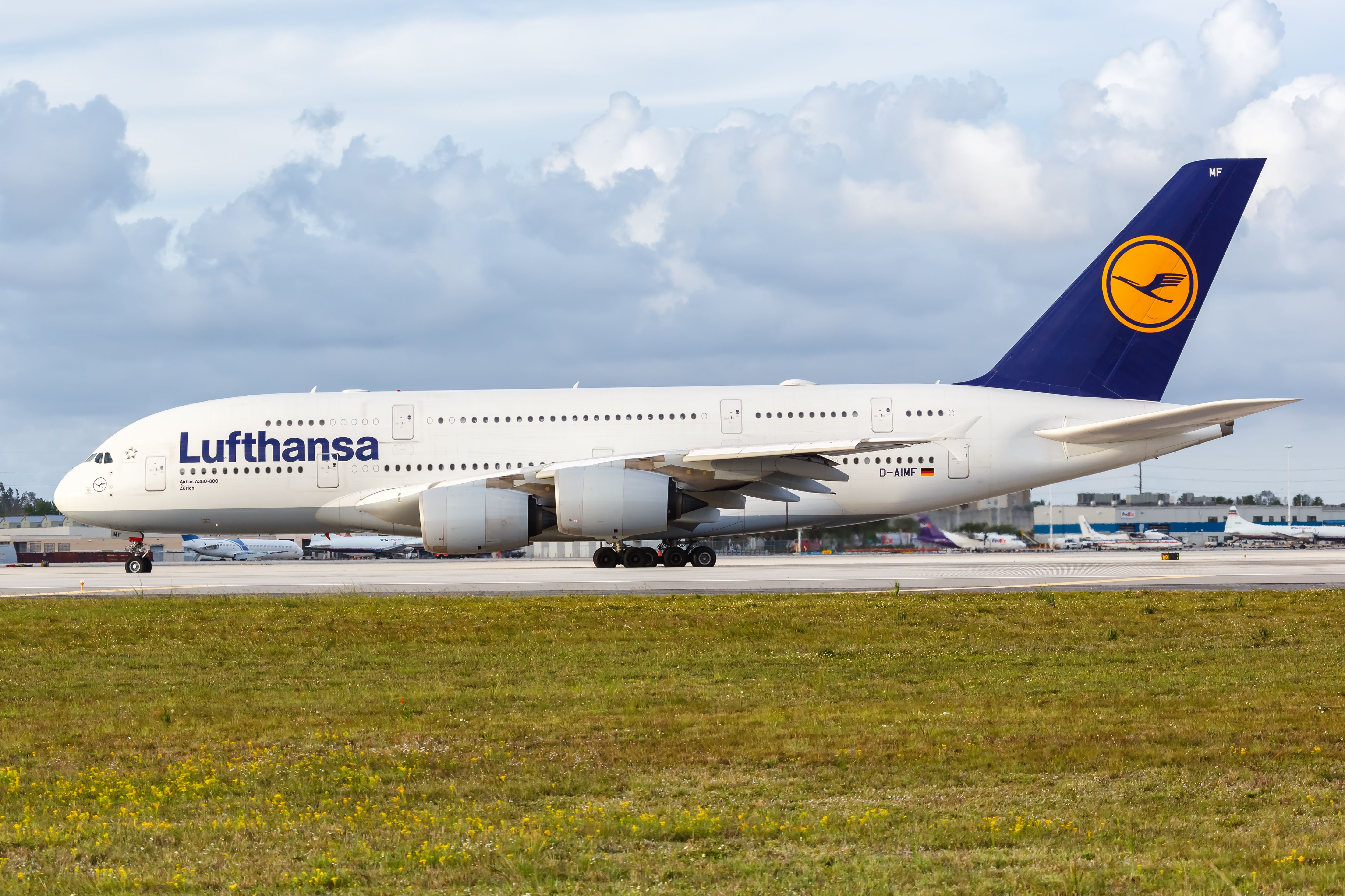 A Lufthansa Airbus A380 on the apron in Miami.