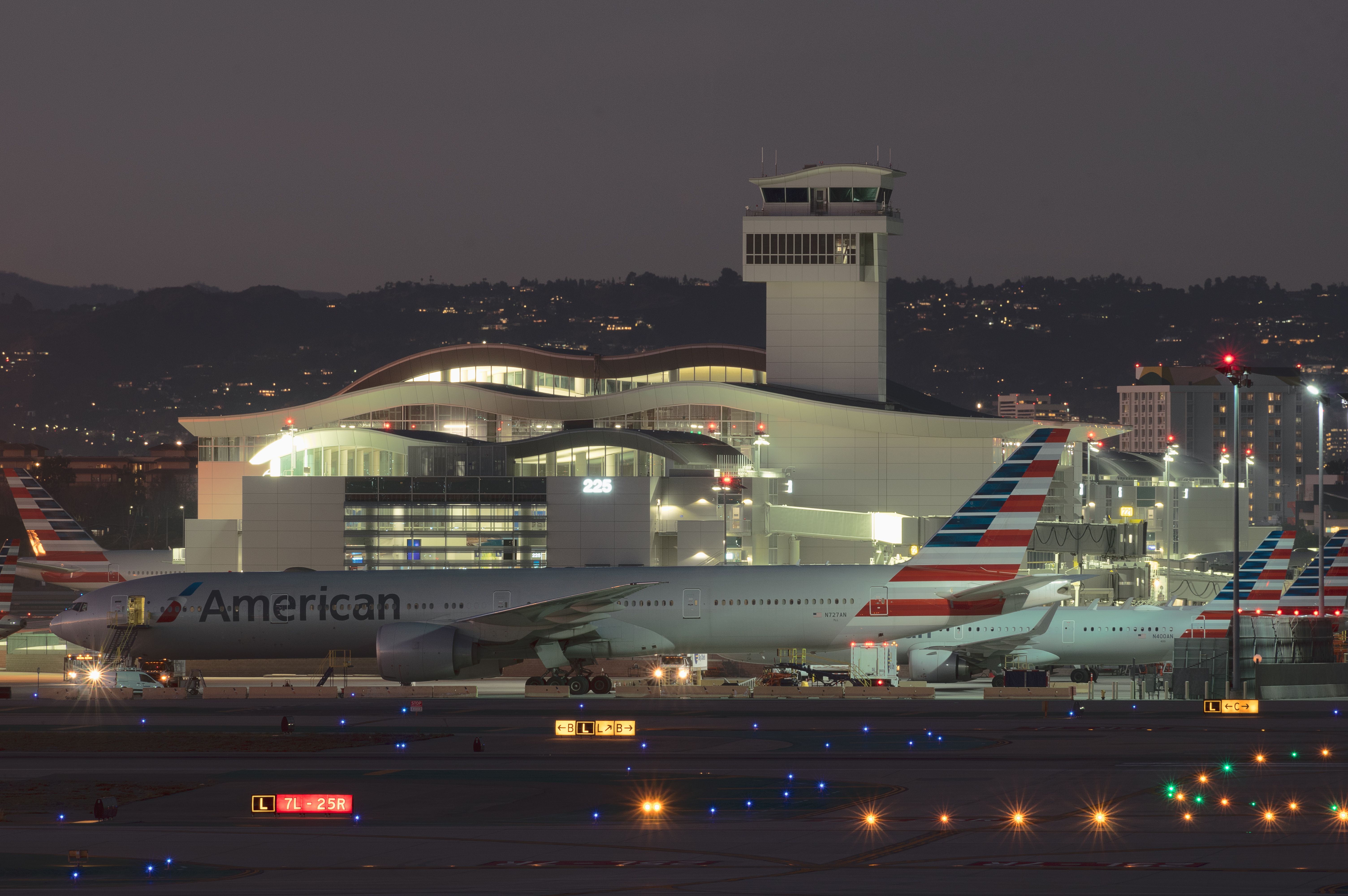 An American Airlines aircraft on the apron at Los Angeles International Airport Early In the Morning.