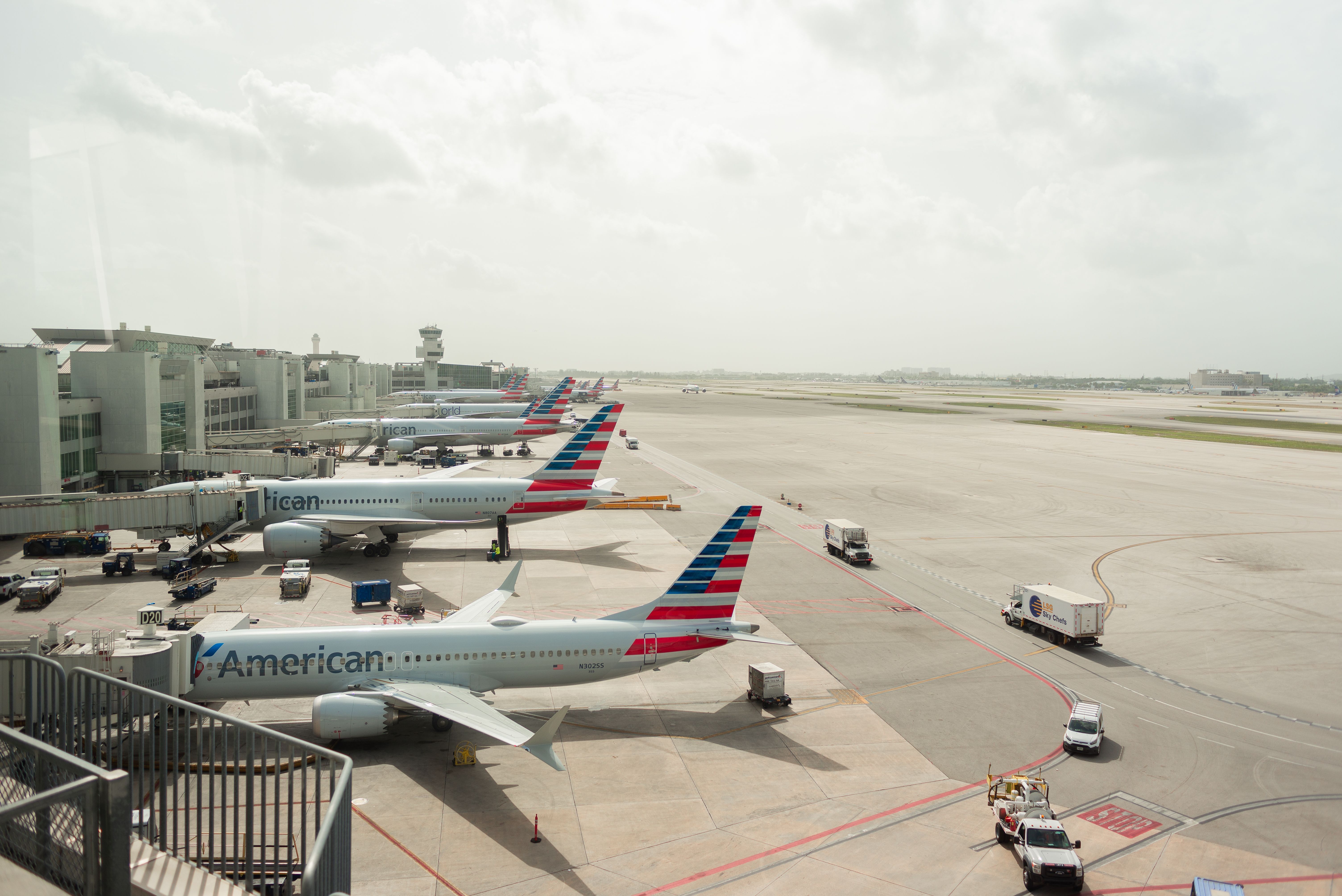 American Airlines aircraft parked at Concourse D at Miami International Airport. 