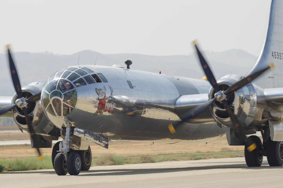 A B-29 Superfortress on an airport apron.