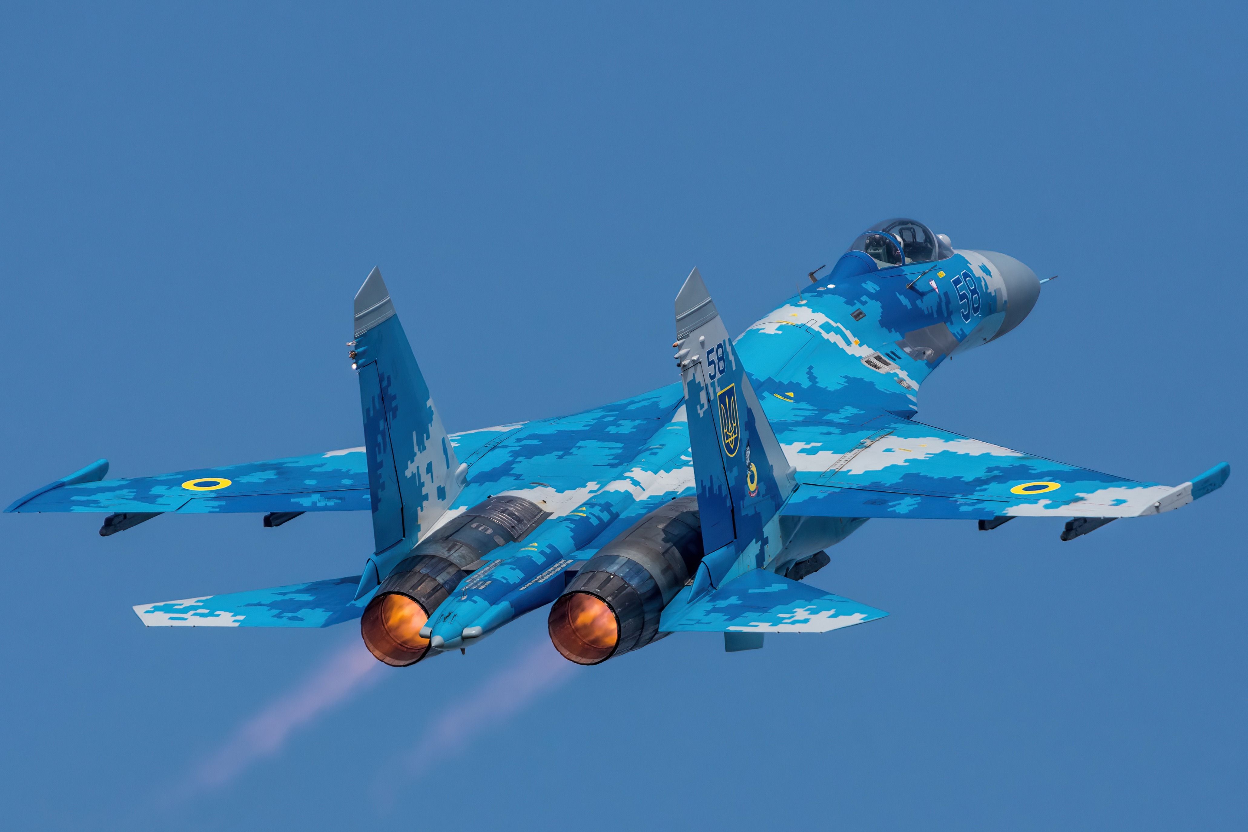 A Ukraine Air Force Sukhoi Su-27 Flying in the sky.