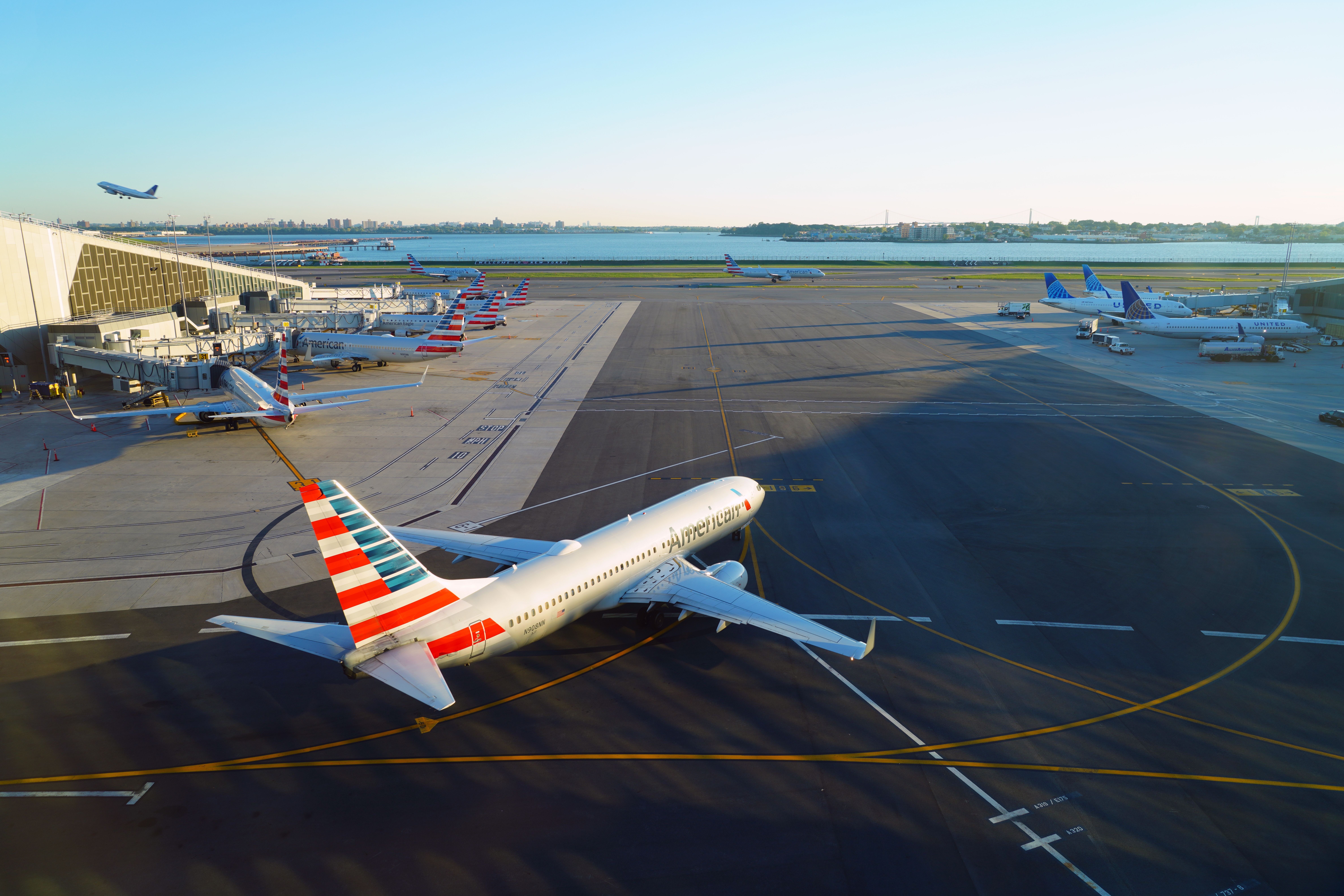 An American Airlines Aircraft on the apron at New York LaGuardia Airport.