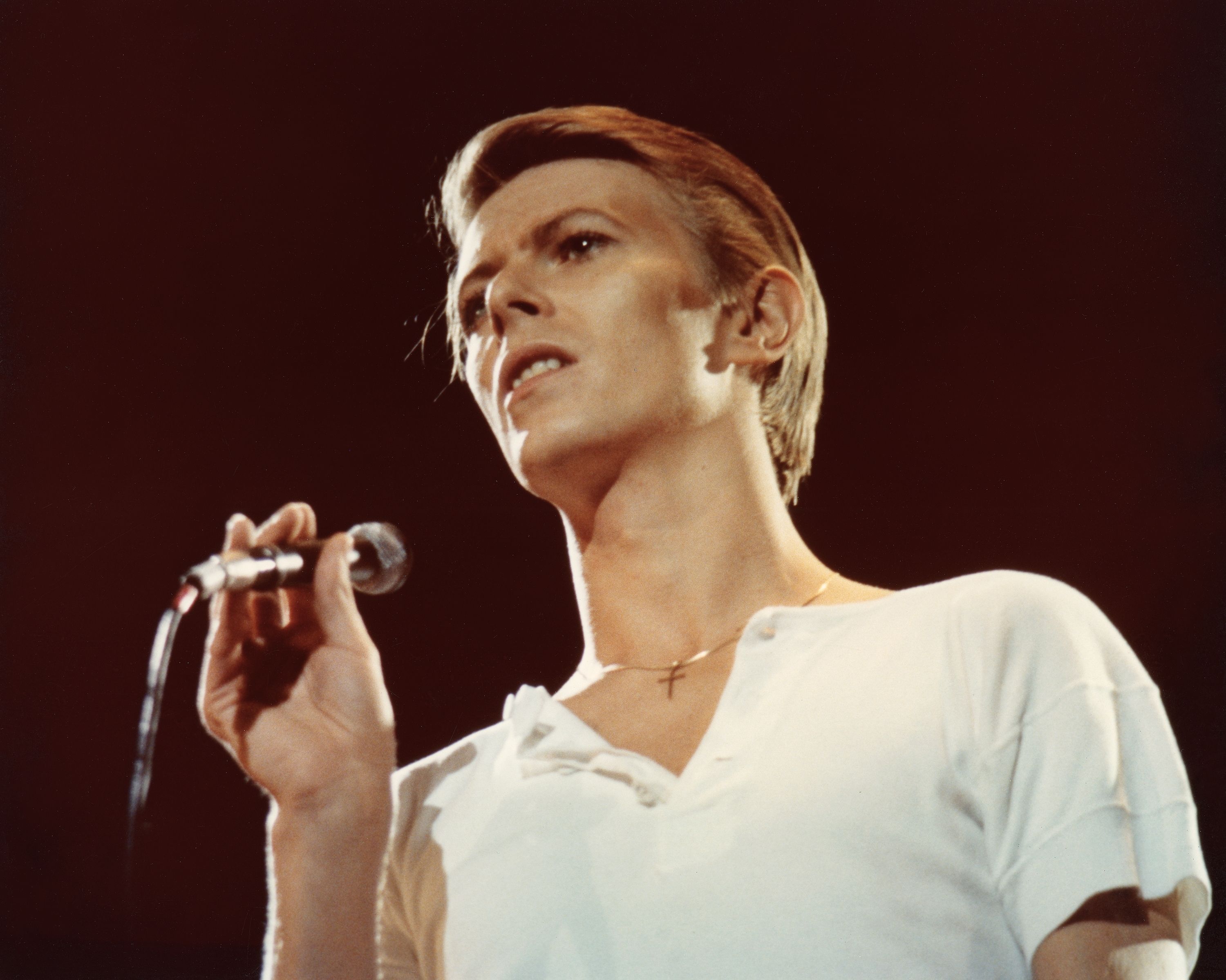 A photo of David Bowie Singing.