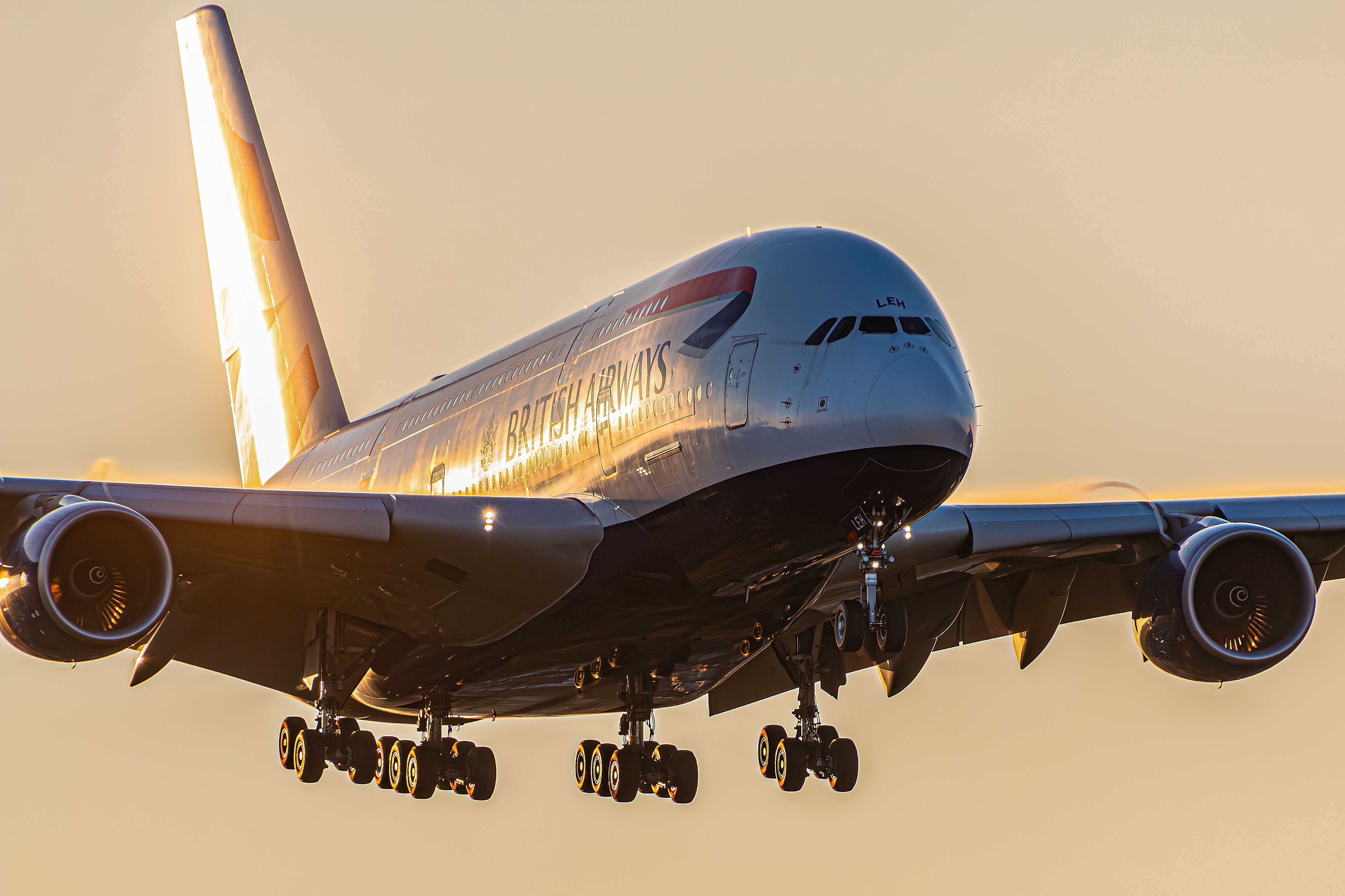 A British Airways Airbus A380 about to land.