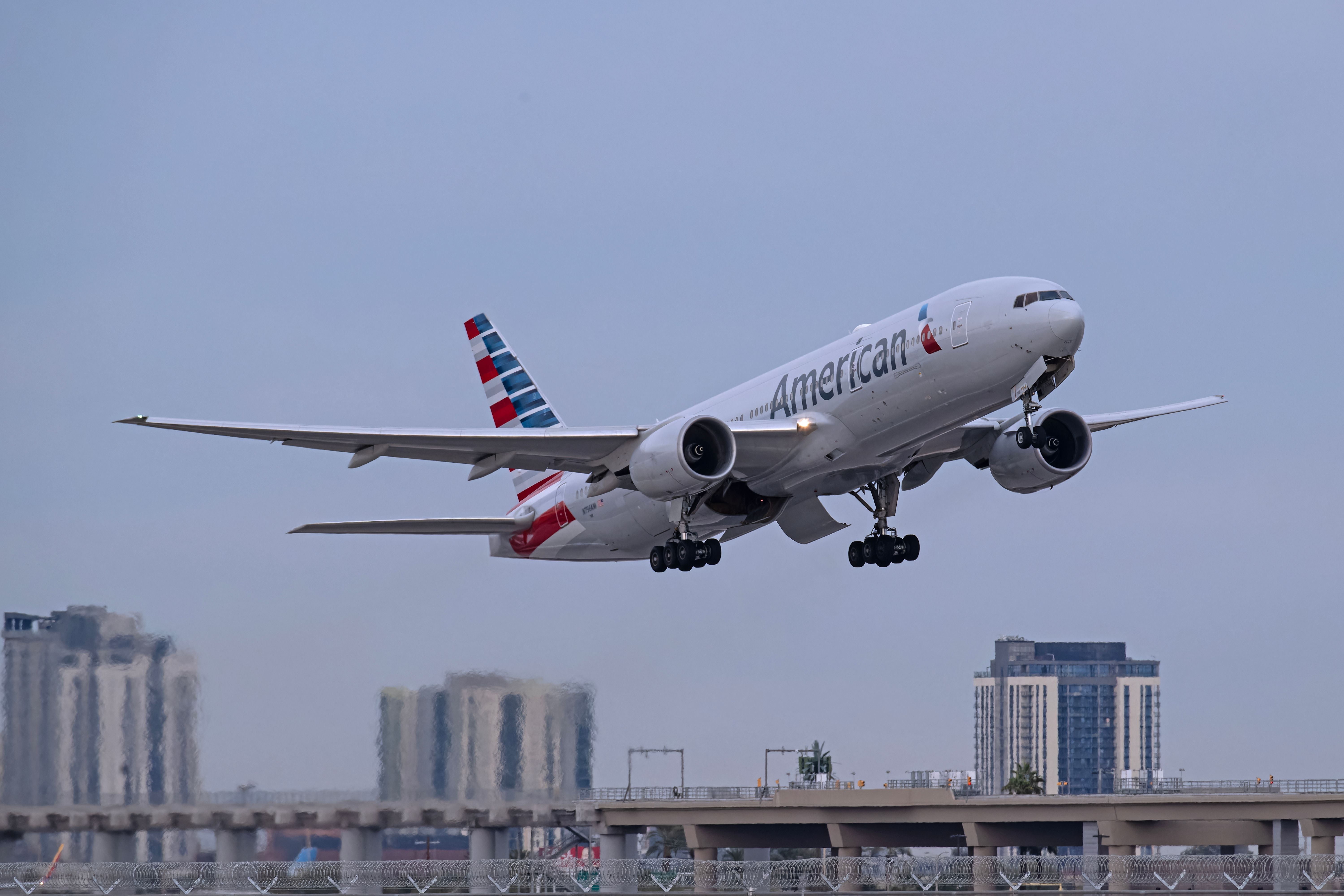 An American Airlines Boeing 777-200/ER just after taking off.
