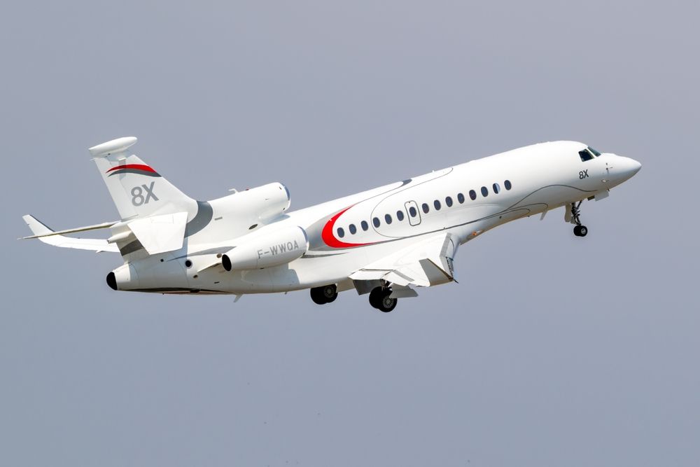 A Dassault Falcon 8X flying in the sky.